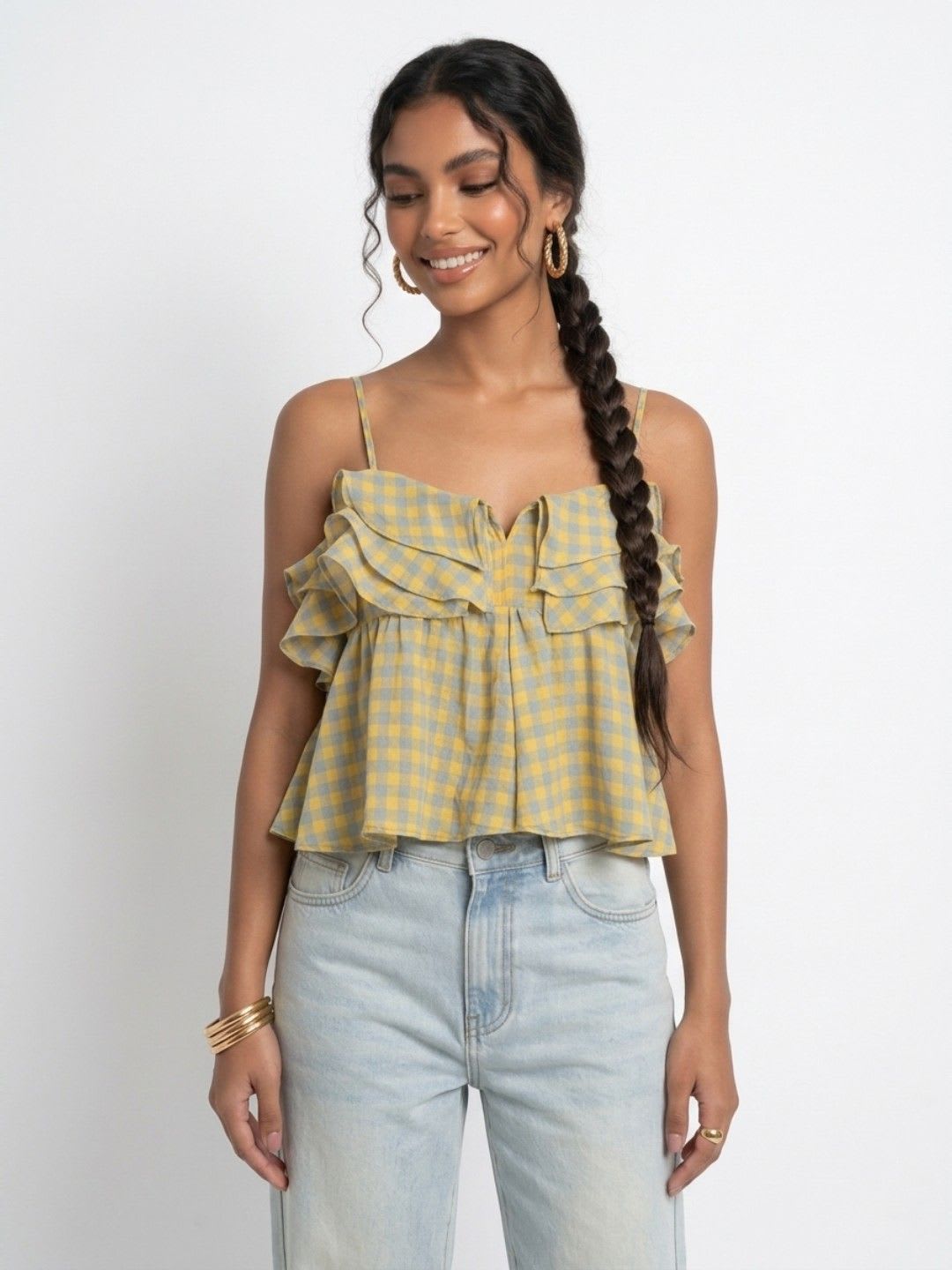 Phosphorus Checked Layered Shoulder Straps A-Line Crop Top - default view