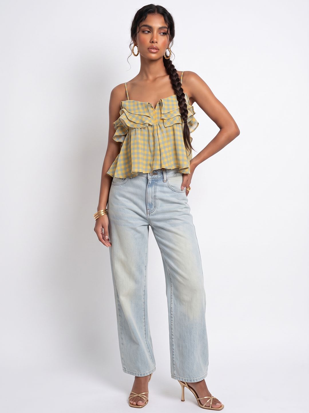 Phosphorus Checked Layered Shoulder Straps A-Line Crop Top - back view