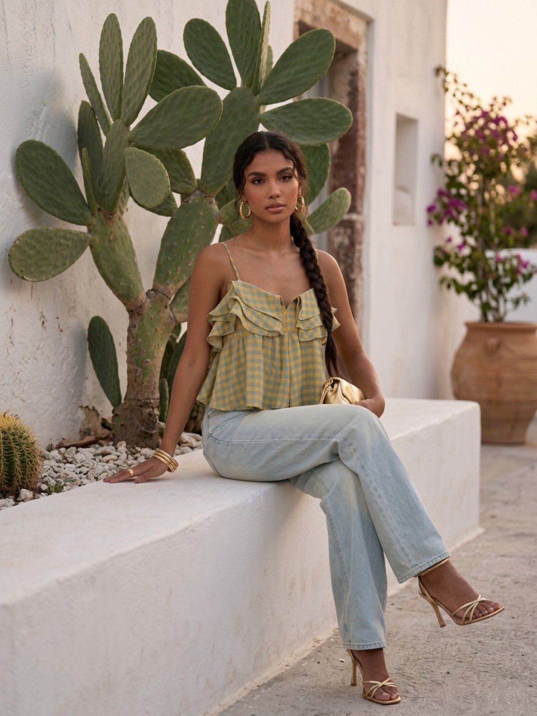 Phosphorus Checked Layered Shoulder Straps A-Line Crop Top - left view