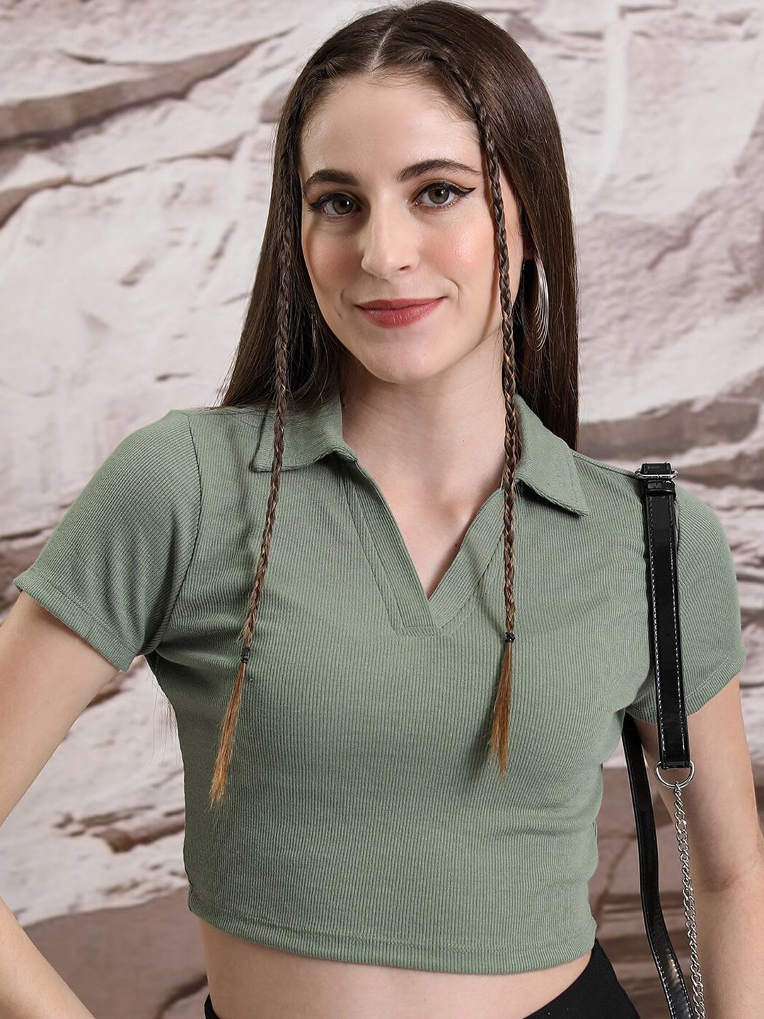 Tokyo Talkies Olive Shirt Collar Short Sleeves Regular Crop Top - default view