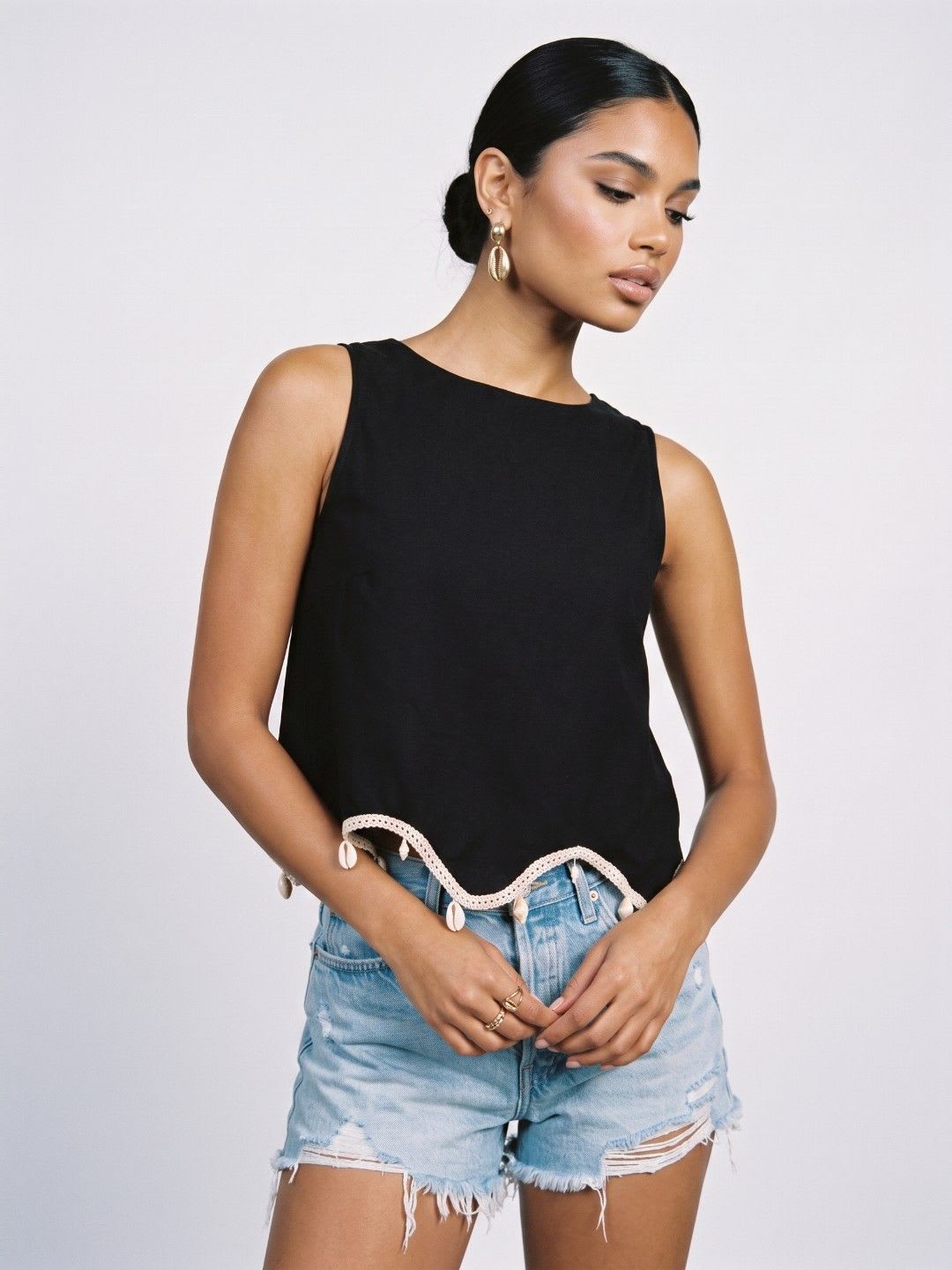 Phosphorus Shell Embellished Pure Cotton Crop Top - default view