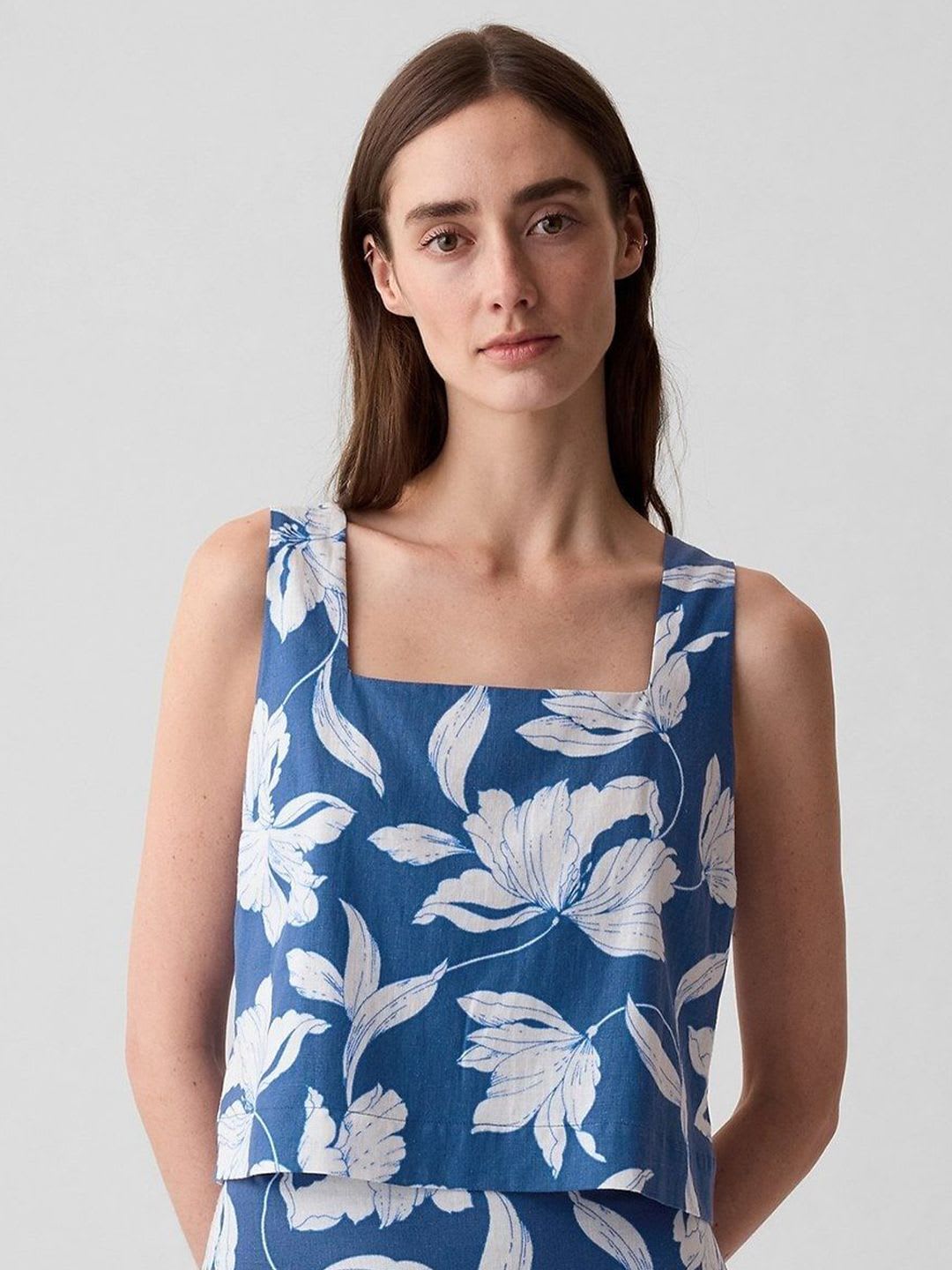 GAP Floral Printed Square Neck Slim-Fit Crop Top - default view