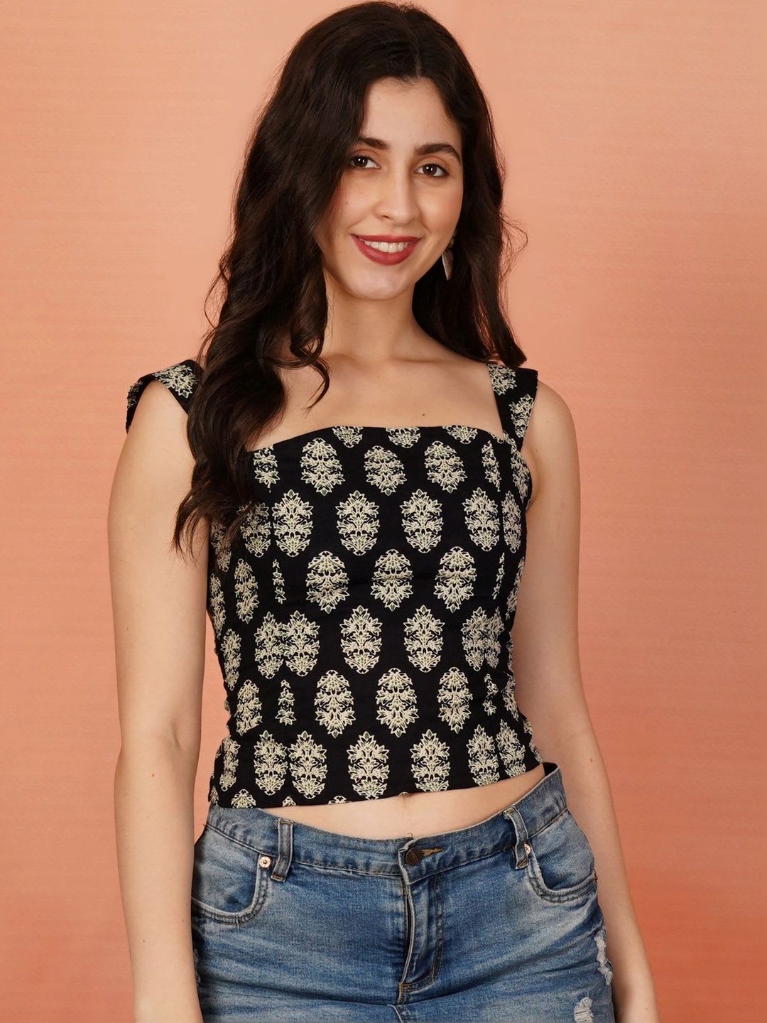 Brownverse Print Ethnic Linen Blend Crop Top - back view