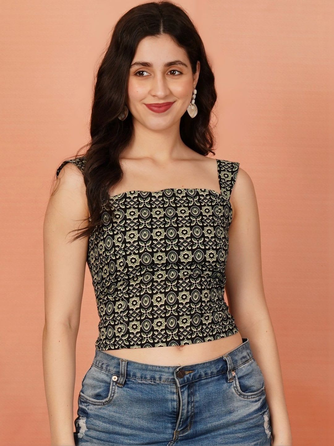 Brownverse Print Linen Blend Crop Top - back view