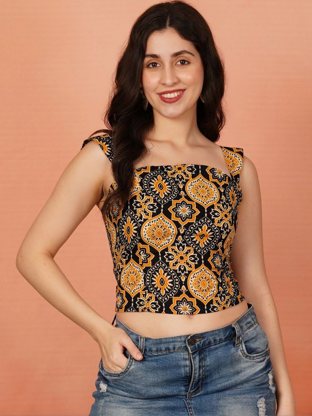Brownverse Print Ethnic Linen Blend Crop Top - back view