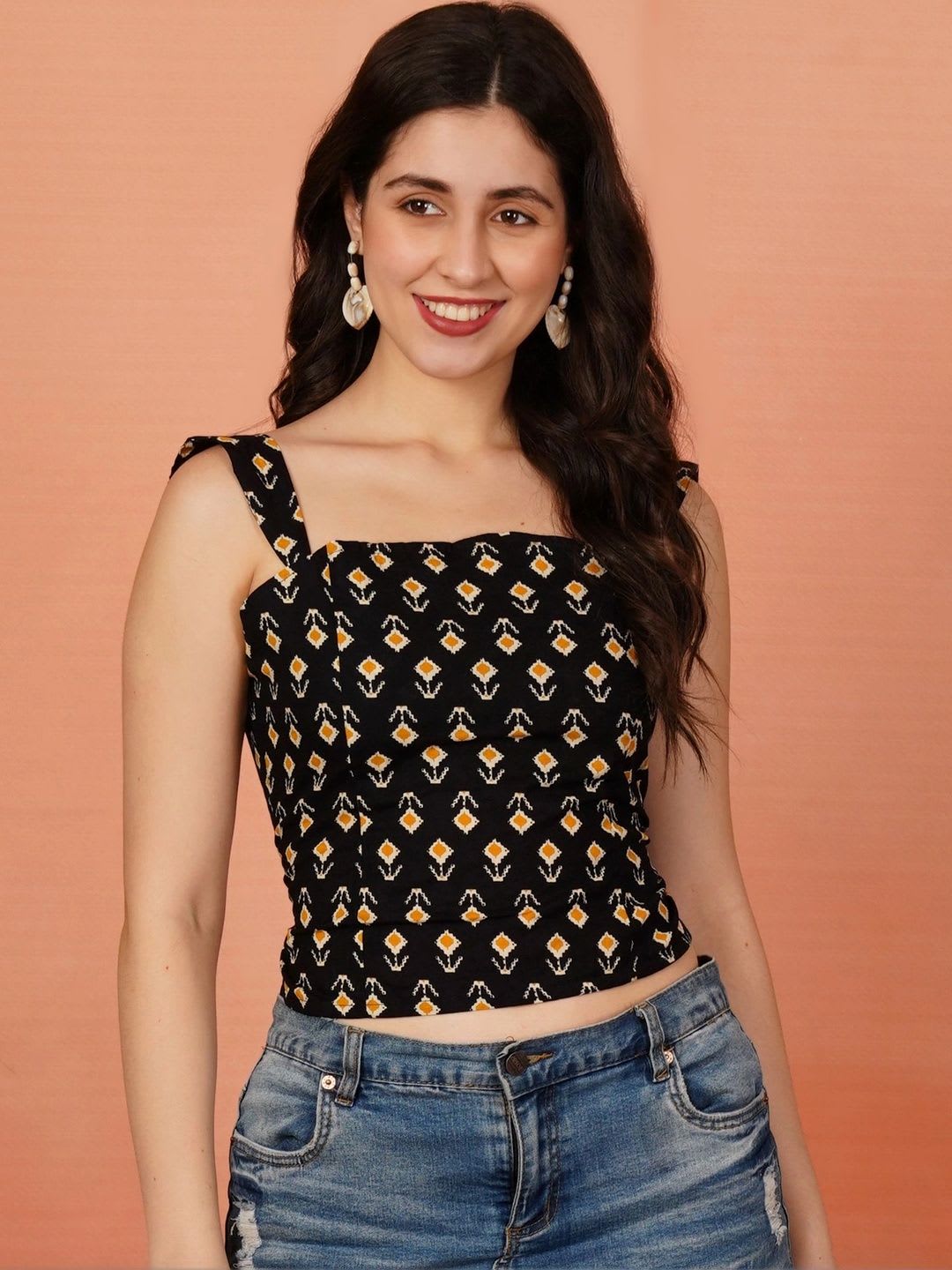 Brownverse Geometric Print Linen Blend Crop Top - back view