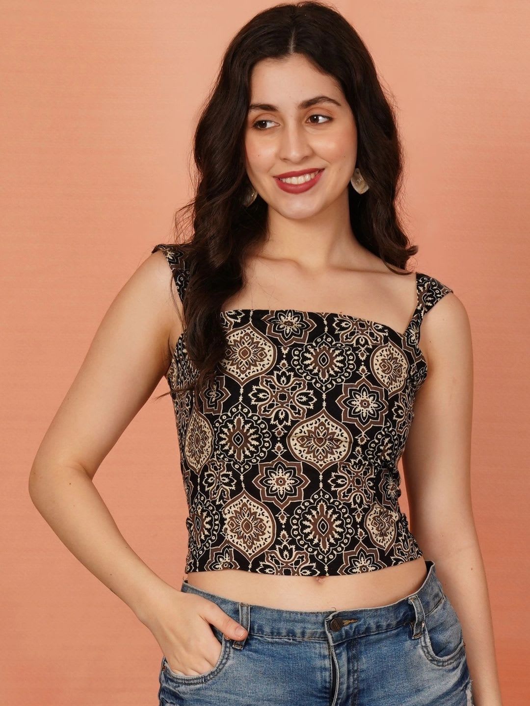 Brownverse Print Ethnic Linen Blend Crop Top - back view