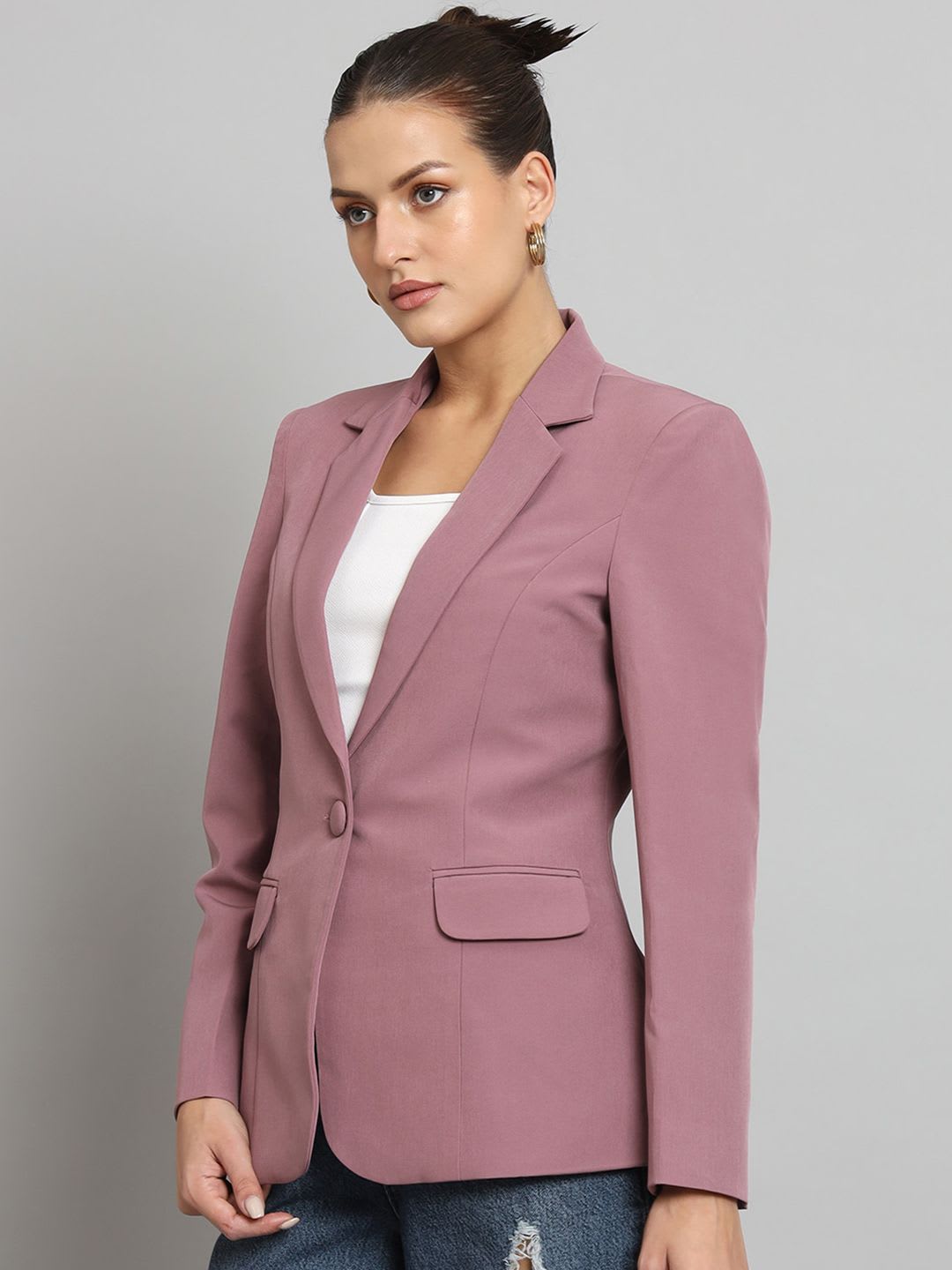 PowerSutra Women Pink Solid Single Breasted Casual Blazer - back view