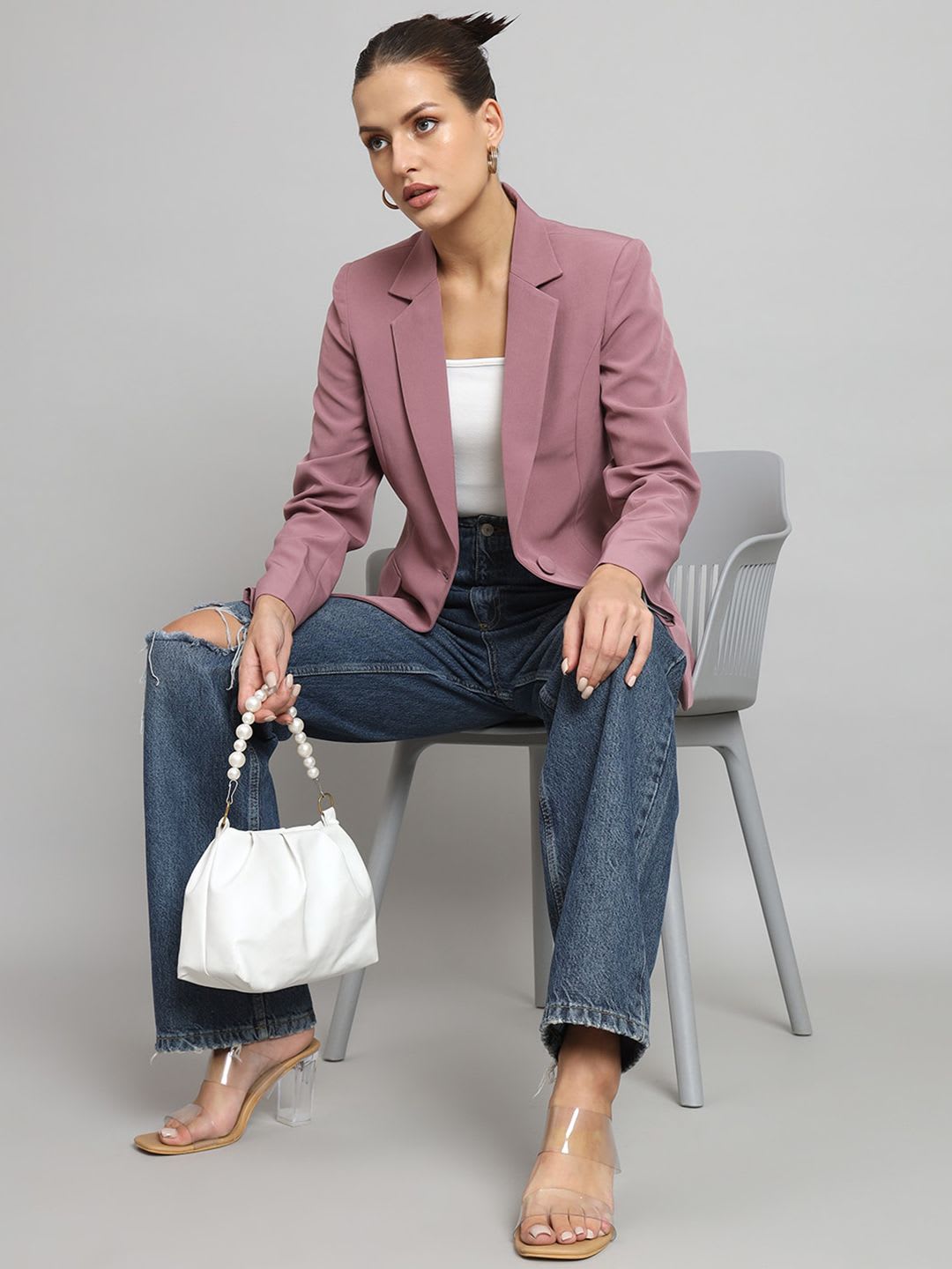 PowerSutra Women Pink Solid Single Breasted Casual Blazer - left view