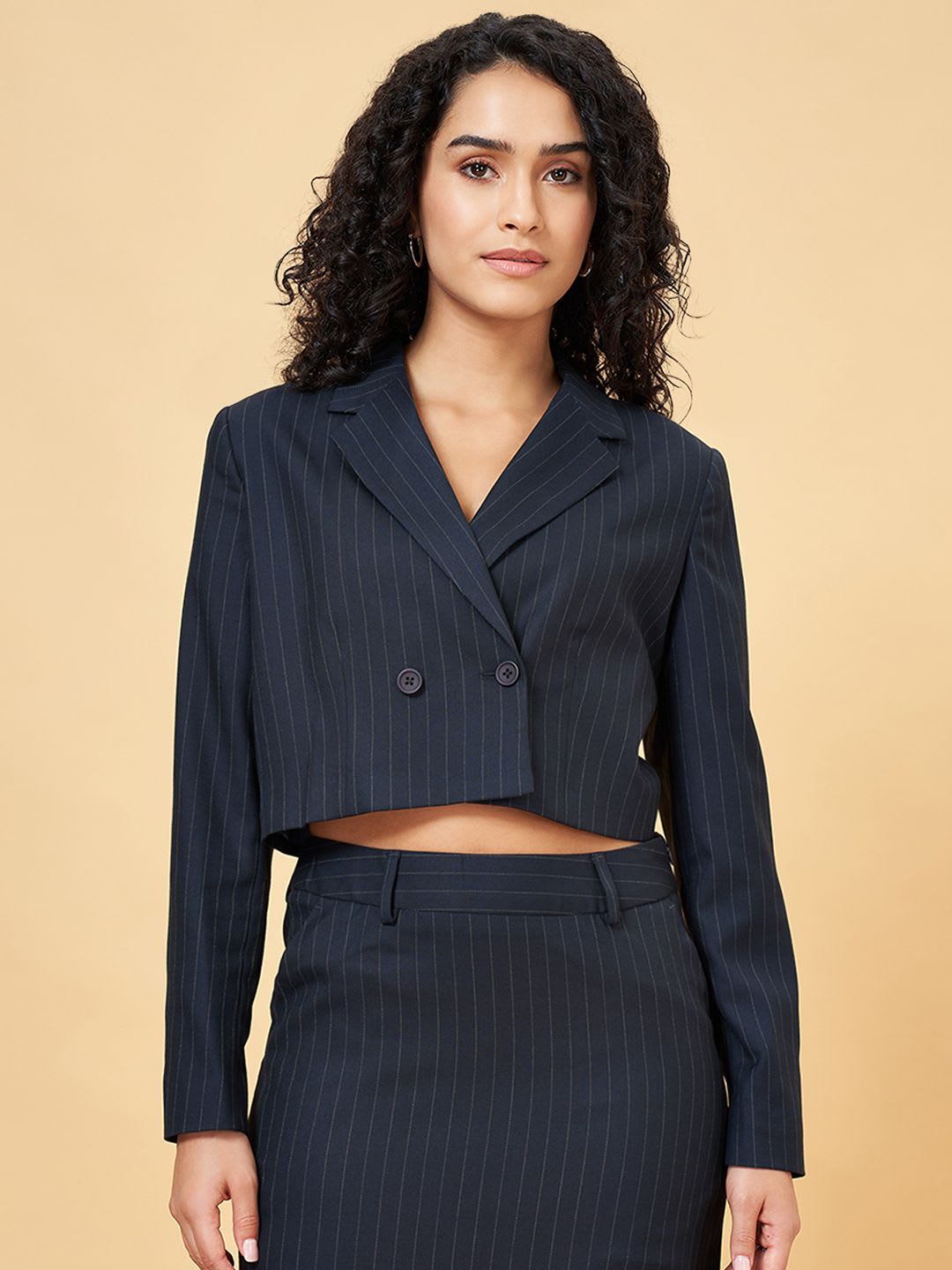 Annabelle by Pantaloons Striped Notched Lapel Double-Breasted Crop Formal Blazer - default view