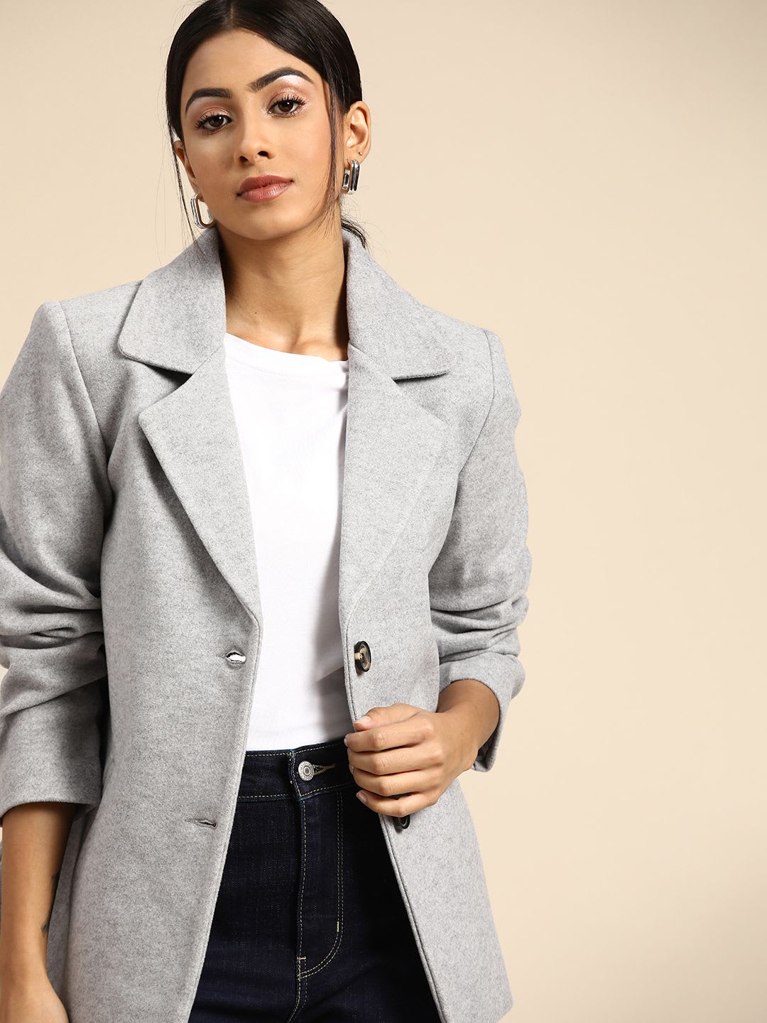 all about you Women Grey Melange Solid Smart Casual Blazer - default view