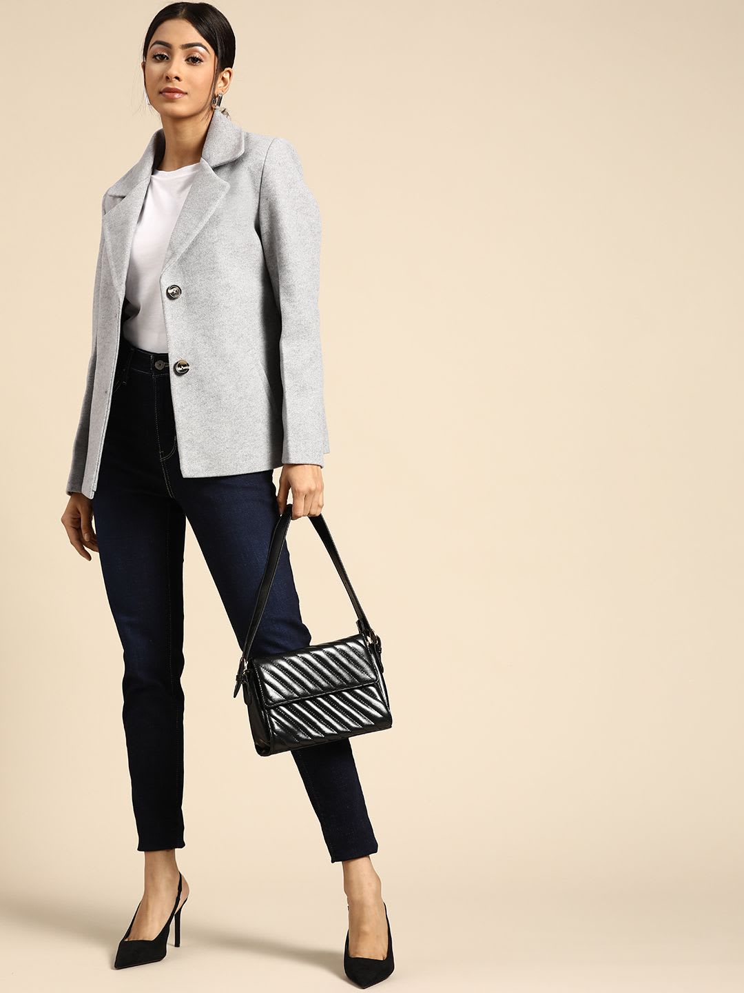 all about you Women Grey Melange Solid Smart Casual Blazer - left view
