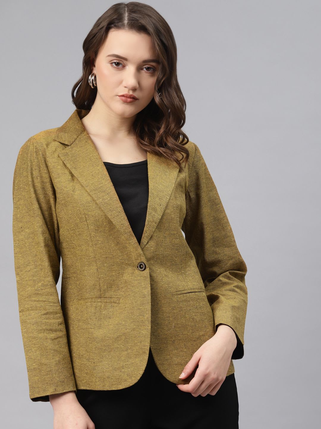Cottinfab Women Olive Green Woven Design Cotton Formal Single Breasted Blazer - default view
