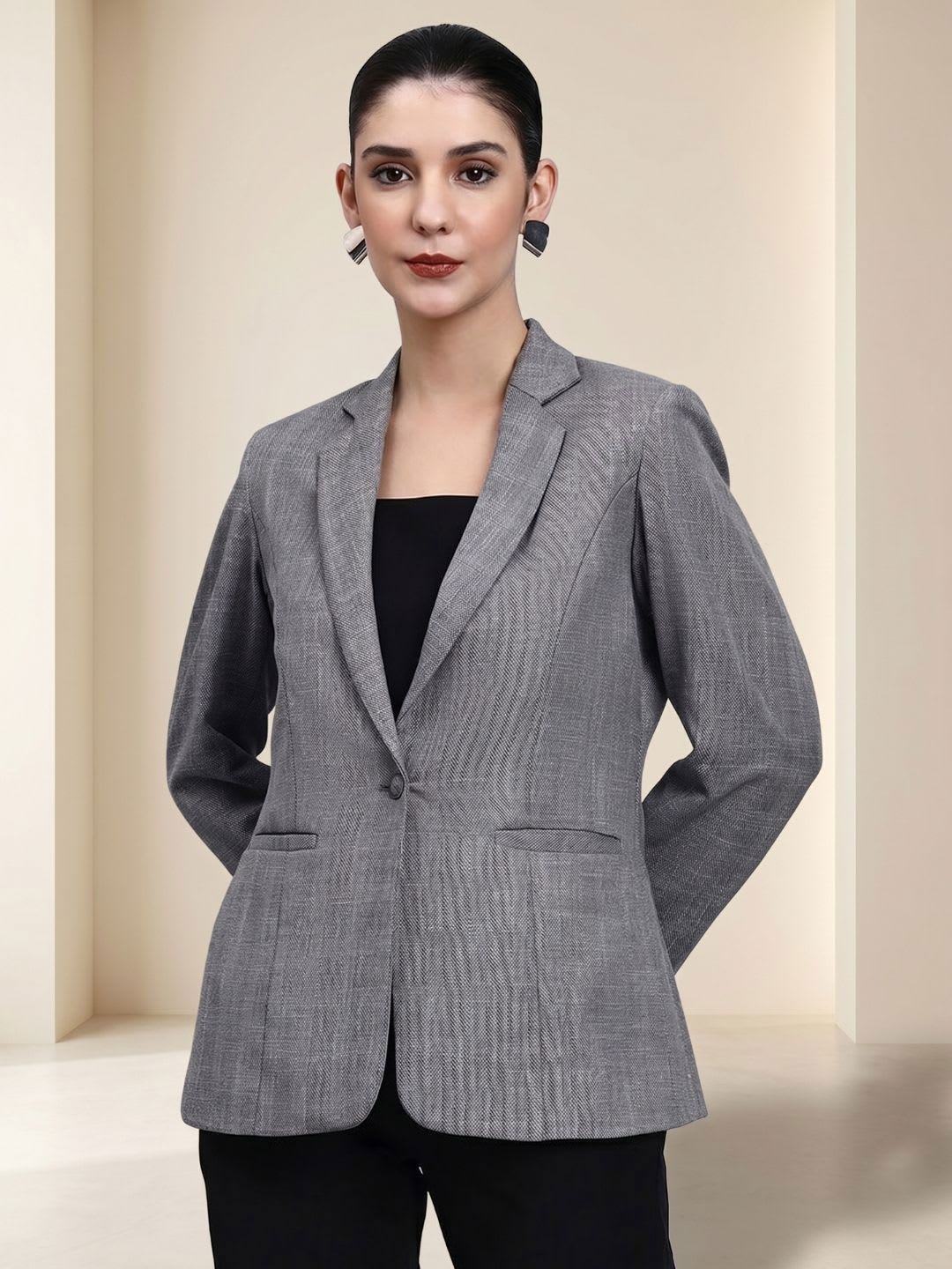 PowerSutra Women Grey Solid Single Breasted Formal Blazer - default view
