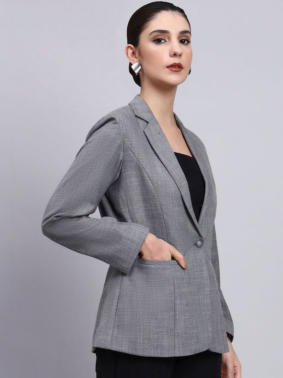 PowerSutra Women Grey Solid Single Breasted Formal Blazer - back view