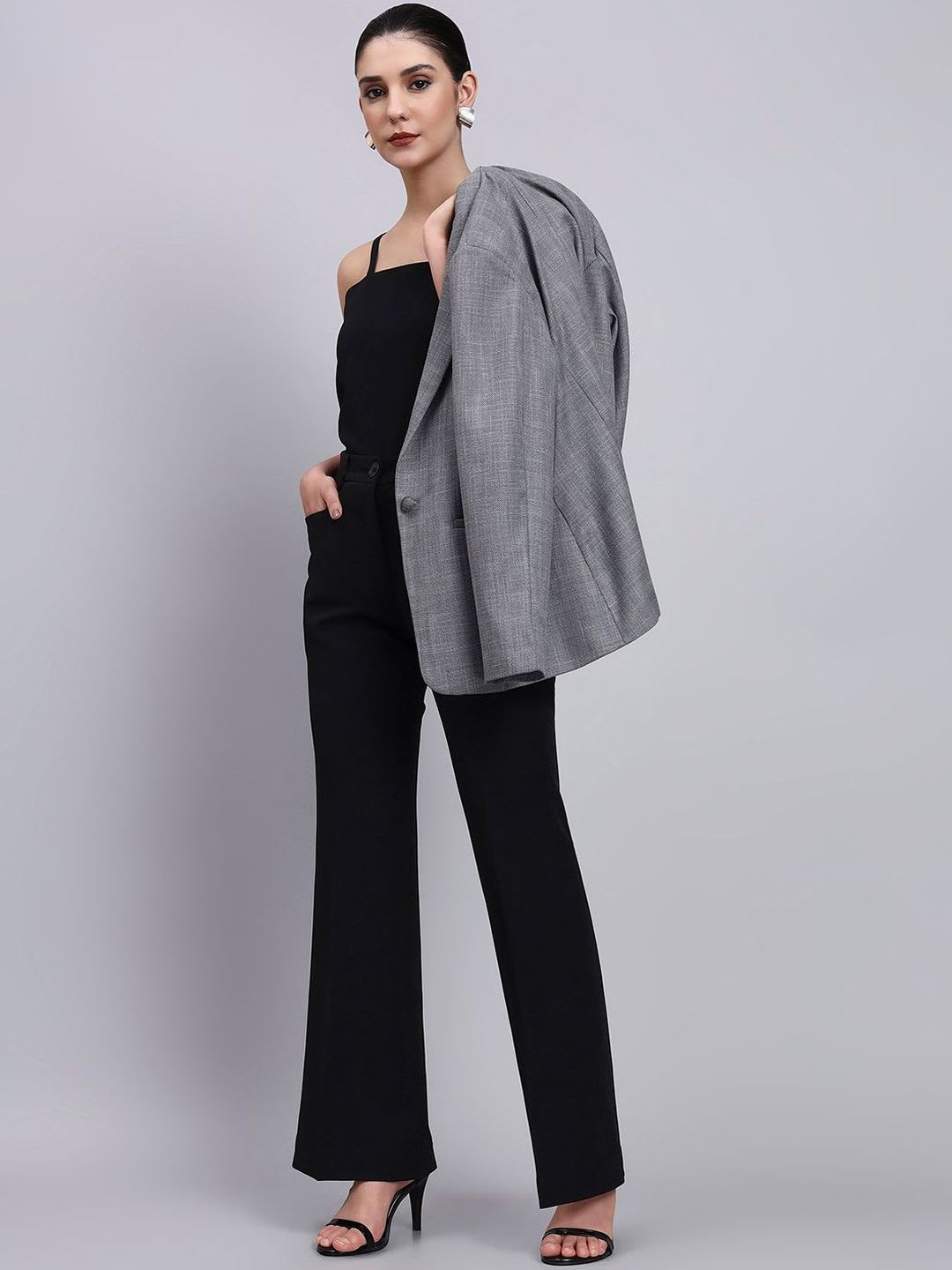 PowerSutra Women Grey Solid Single Breasted Formal Blazer - left view