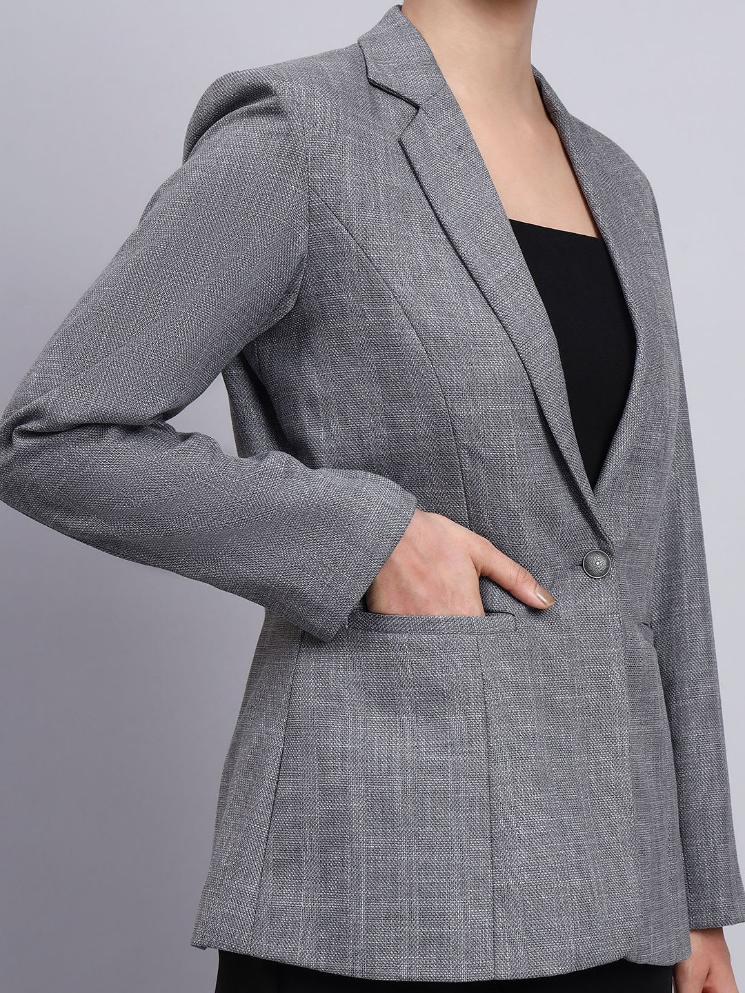 PowerSutra Women Grey Solid Single Breasted Formal Blazer - right view