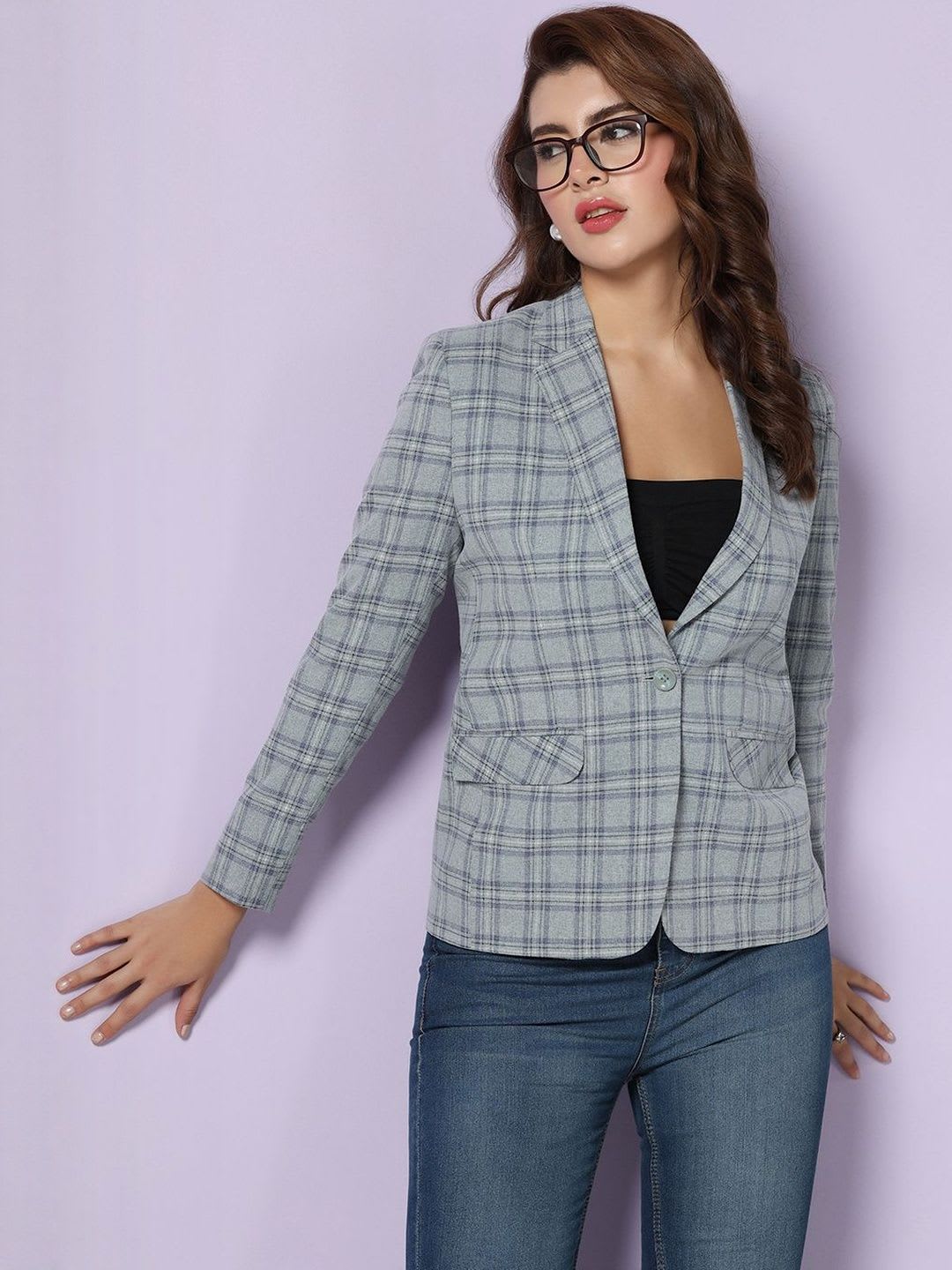TAHVO Checked Notched Lapel Single-Breasted Woolen Blazer - right view
