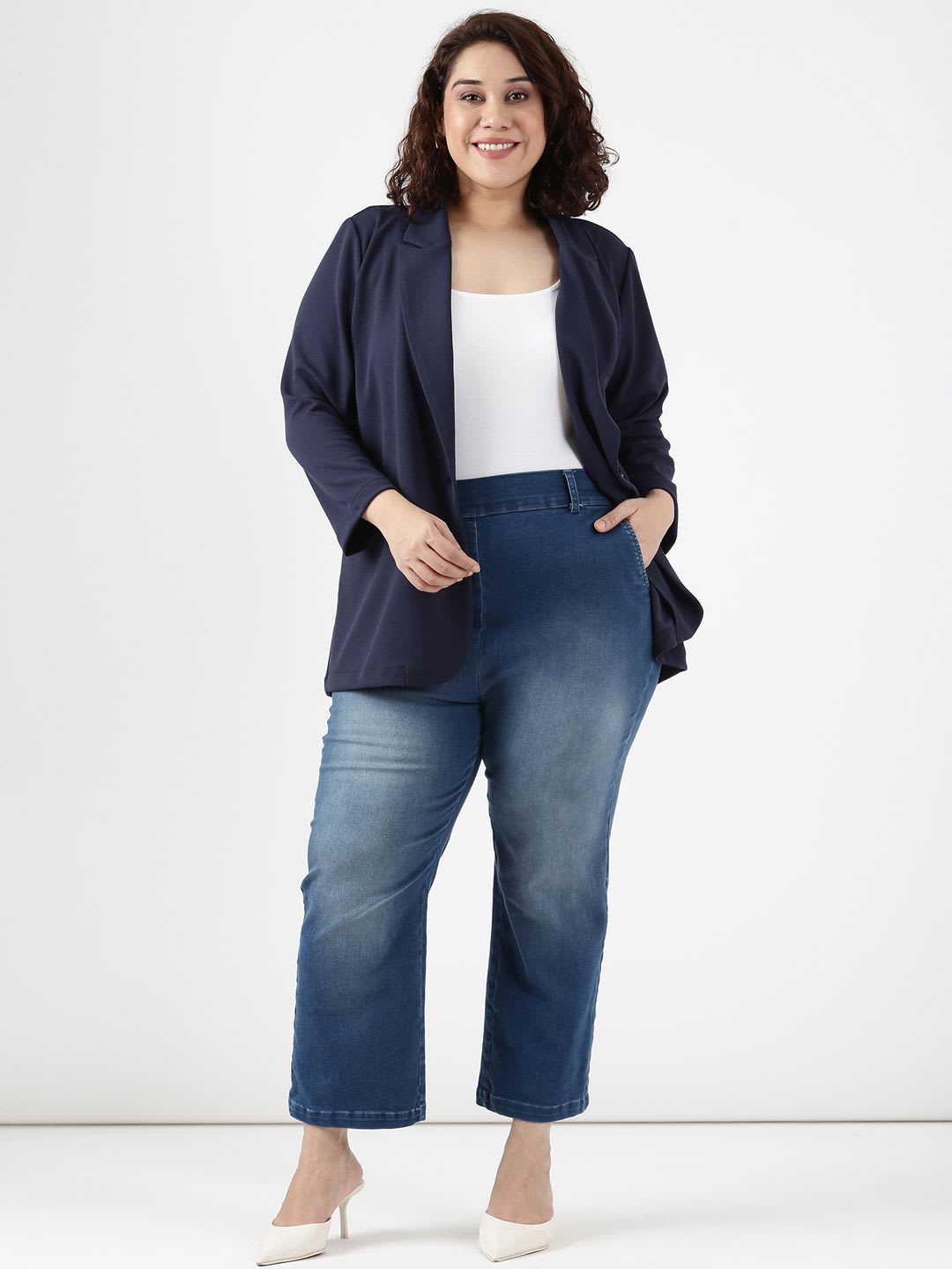 The Pink Moon Navy Scuba Crepe Formal Blazer - left view
