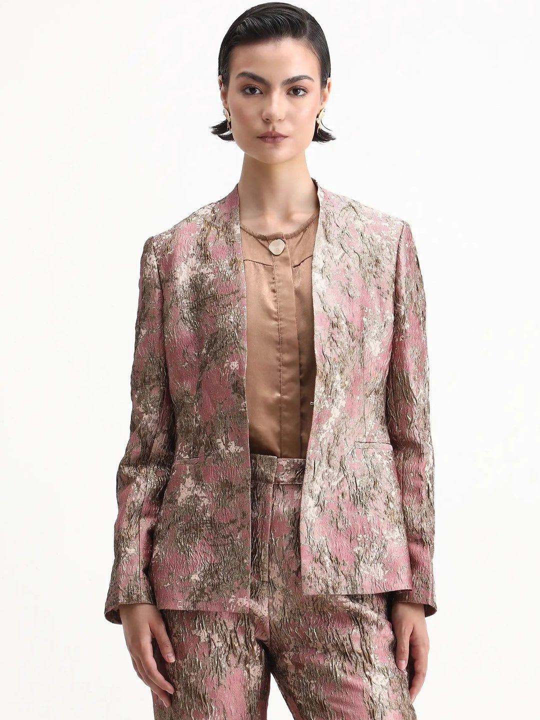 RAREISM Women Pink Collarless Regular Fit Printed Blazer - back view