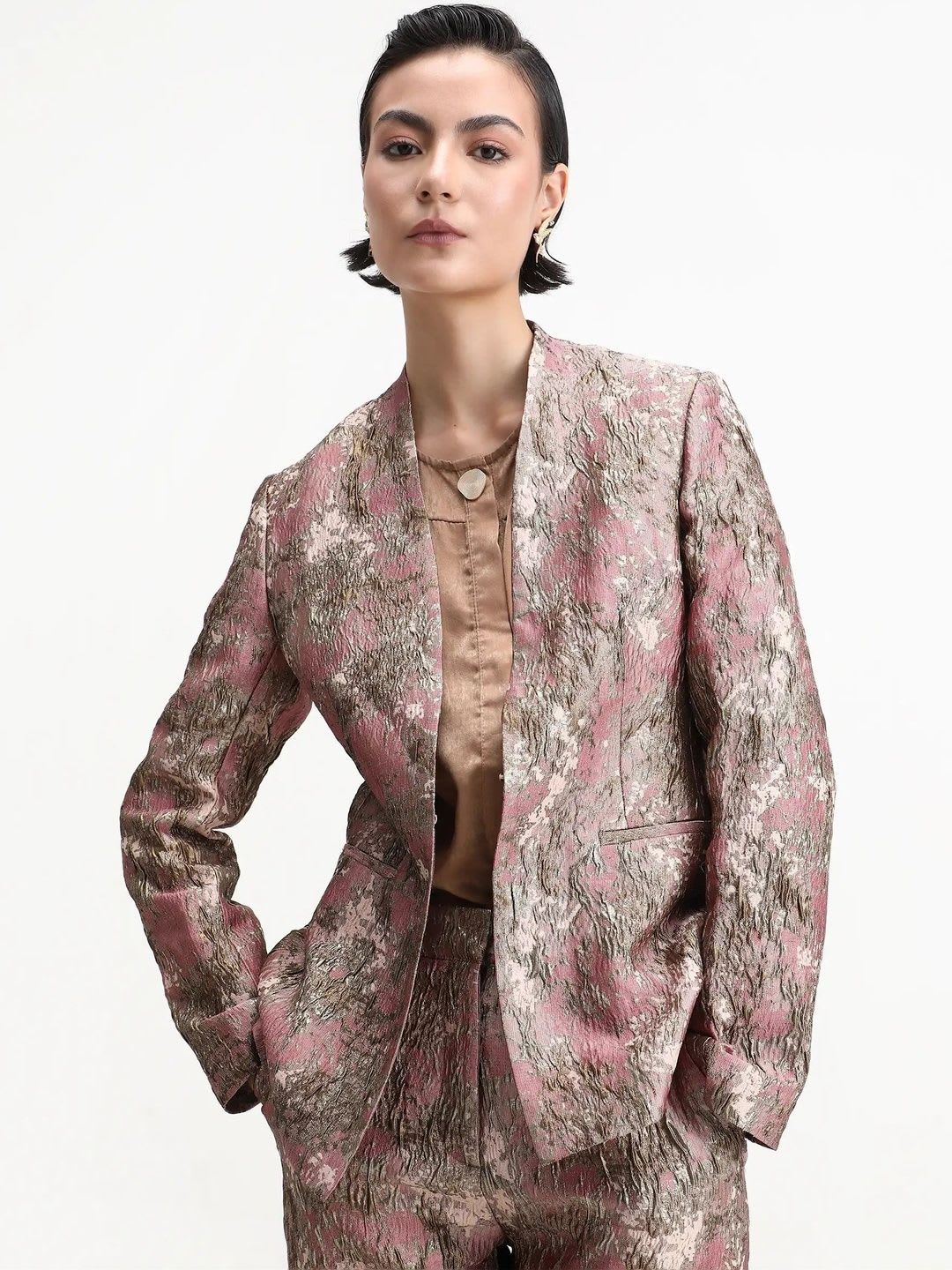 RAREISM Women Pink Collarless Regular Fit Printed Blazer - left view