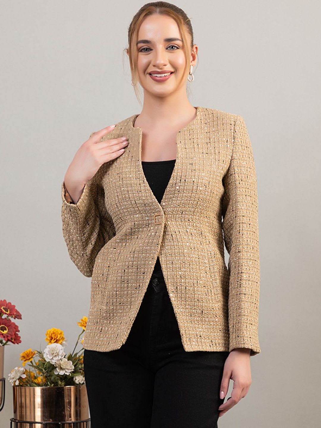TWENTY ME Textured Round Neck Single-Breasted Blazer - default view