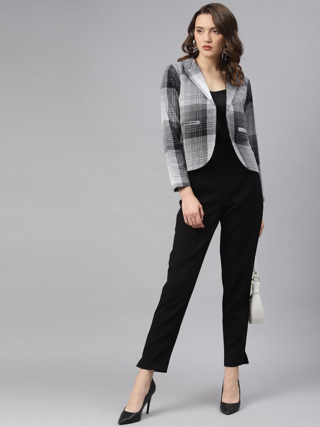 Cottinfab Women Grey & Black Checked Cotton Front Open Blazer - left view