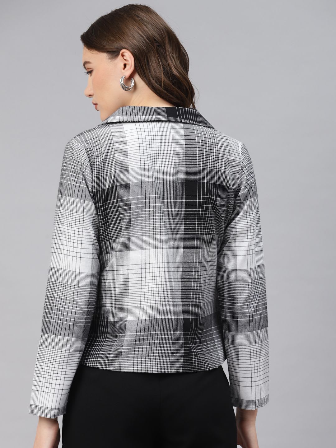 Cottinfab Women Grey & Black Checked Cotton Front Open Blazer - right view