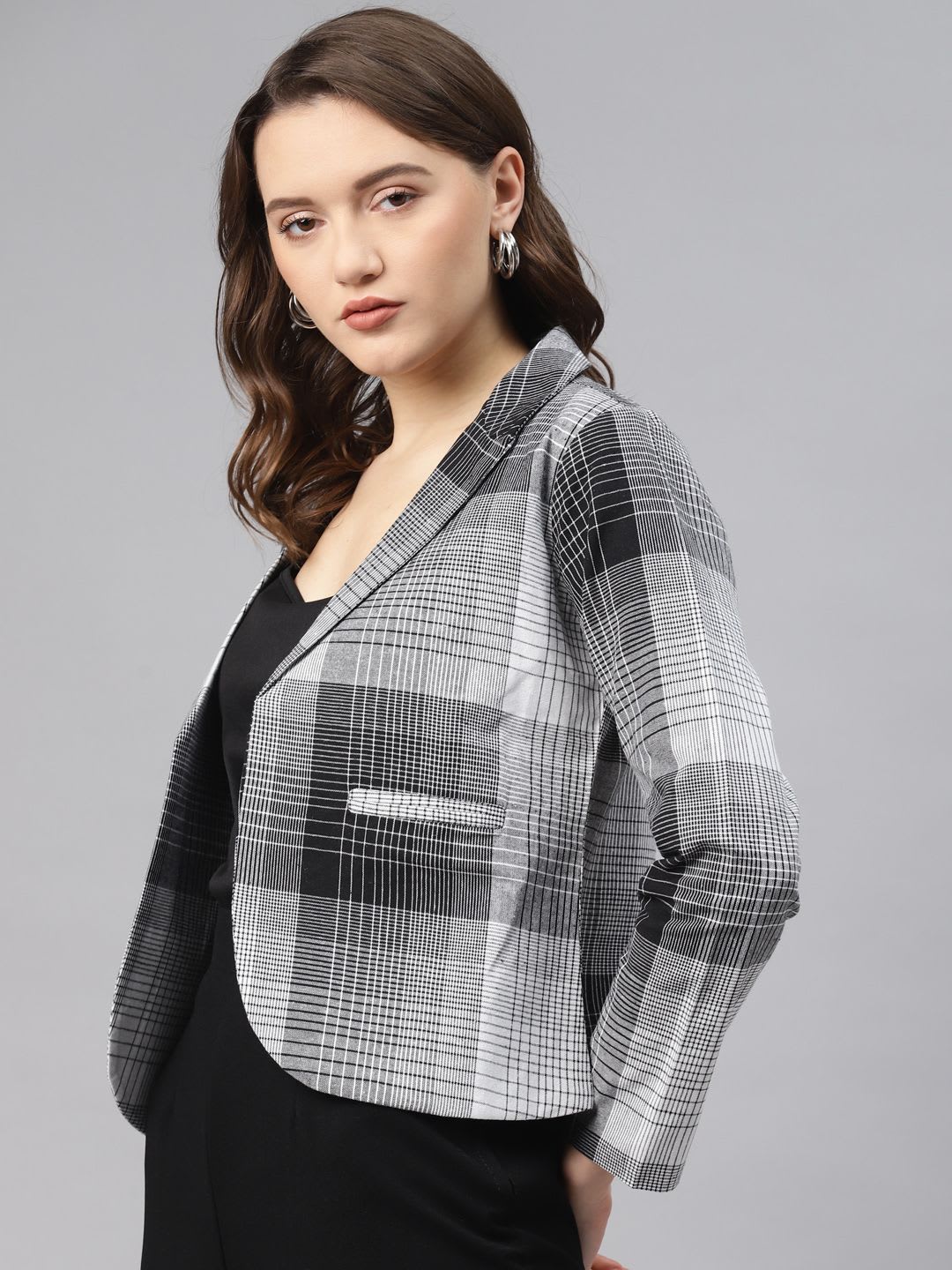 Cottinfab Women Grey & Black Checked Cotton Front Open Blazer - back view