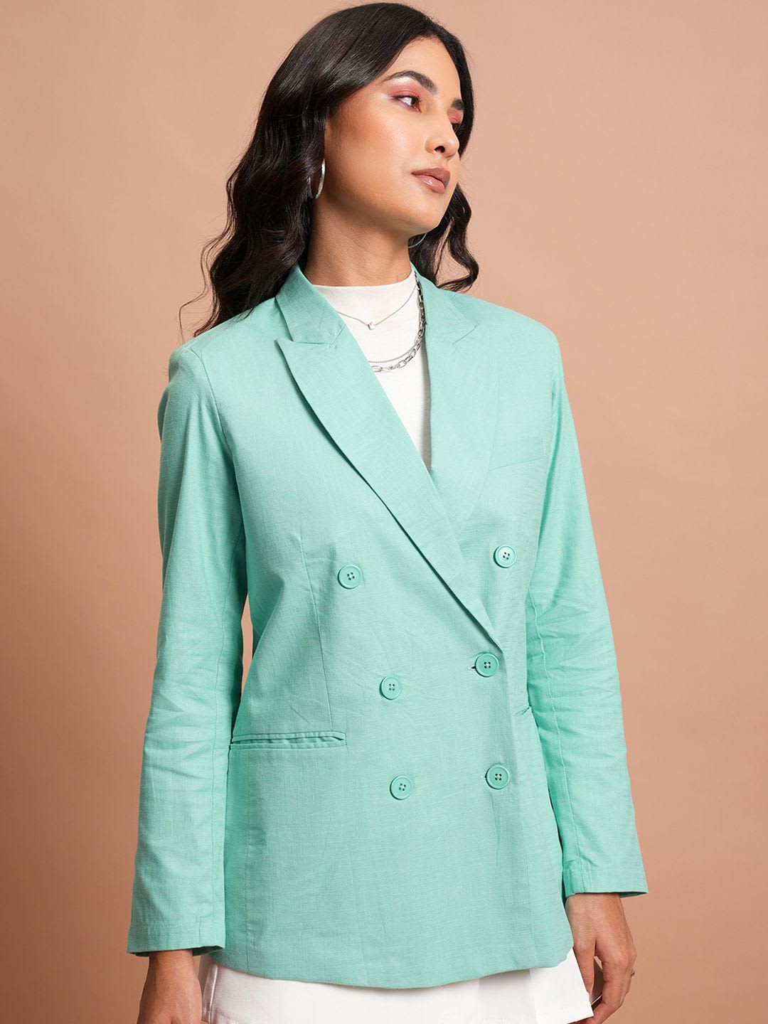 CHIC BY TOKYO TALKIES Sea Green Notched Lapel Collar Double-Breasted Blazer - default view