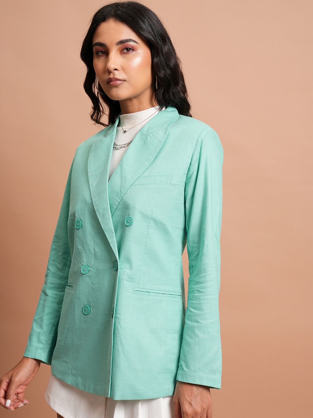 CHIC BY TOKYO TALKIES Sea Green Notched Lapel Collar Double-Breasted Blazer - back view