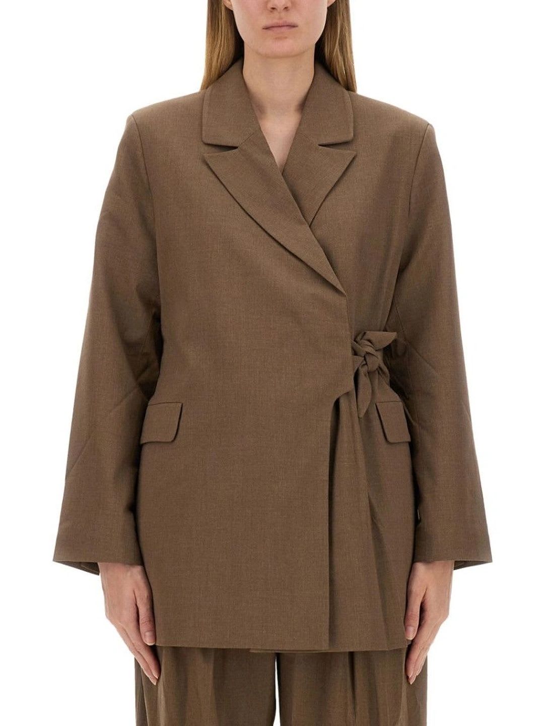 Ganni Brown Solid Notched Lapel Blazer - default view