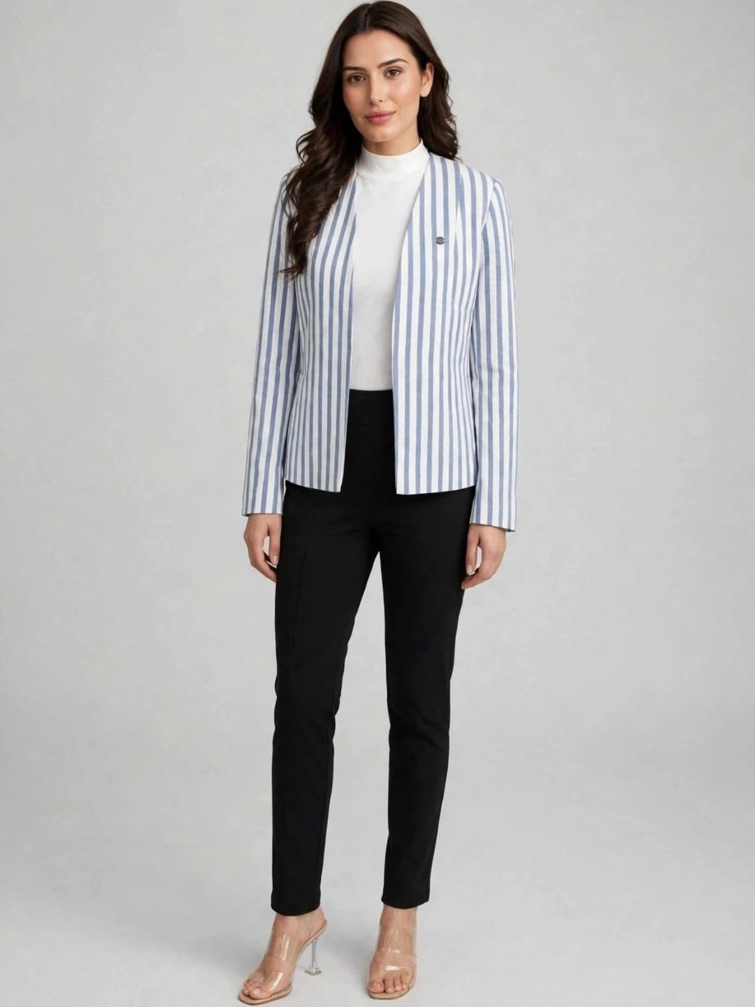 Dapper Looks Striped Collarless Open Front Comfort Fit Blazers - default view