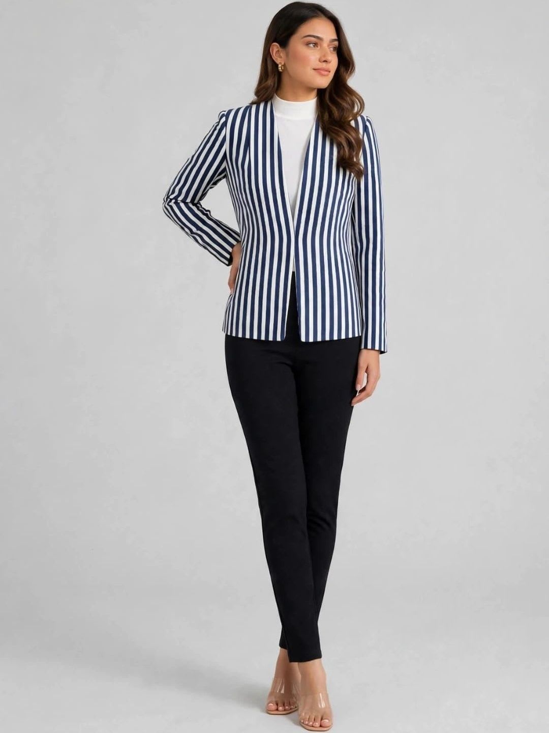 Dapper Looks Striped Collarless Open Front Comfort Fit Blazers - default view