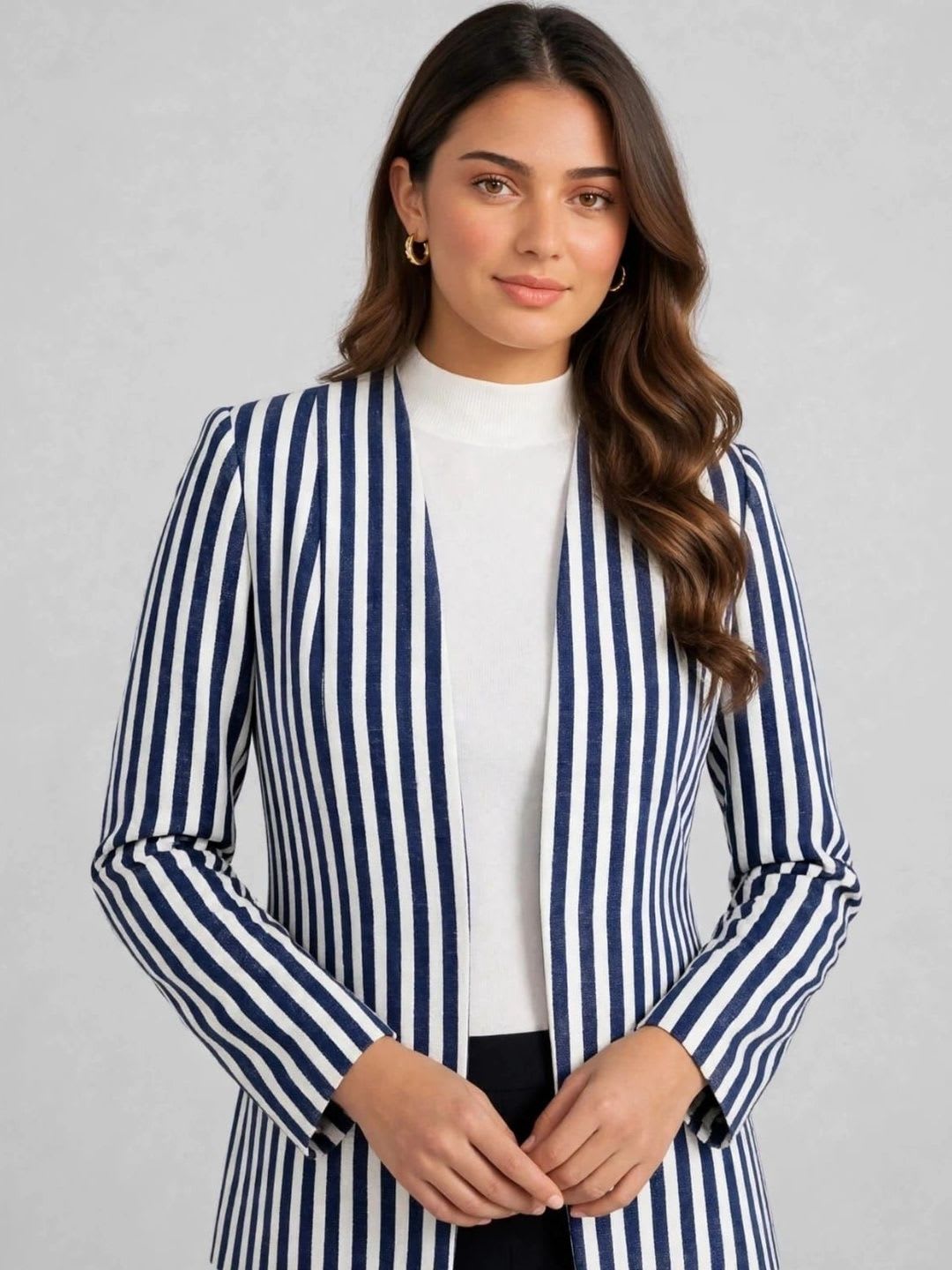 Dapper Looks Striped Collarless Open Front Comfort Fit Blazers - right view