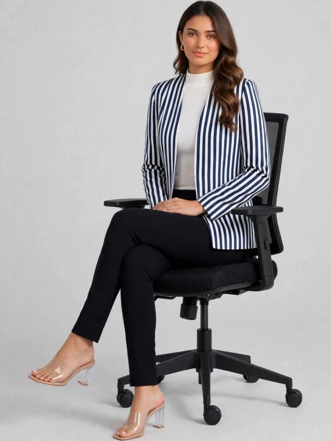 Dapper Looks Striped Collarless Open Front Comfort Fit Blazers - left view