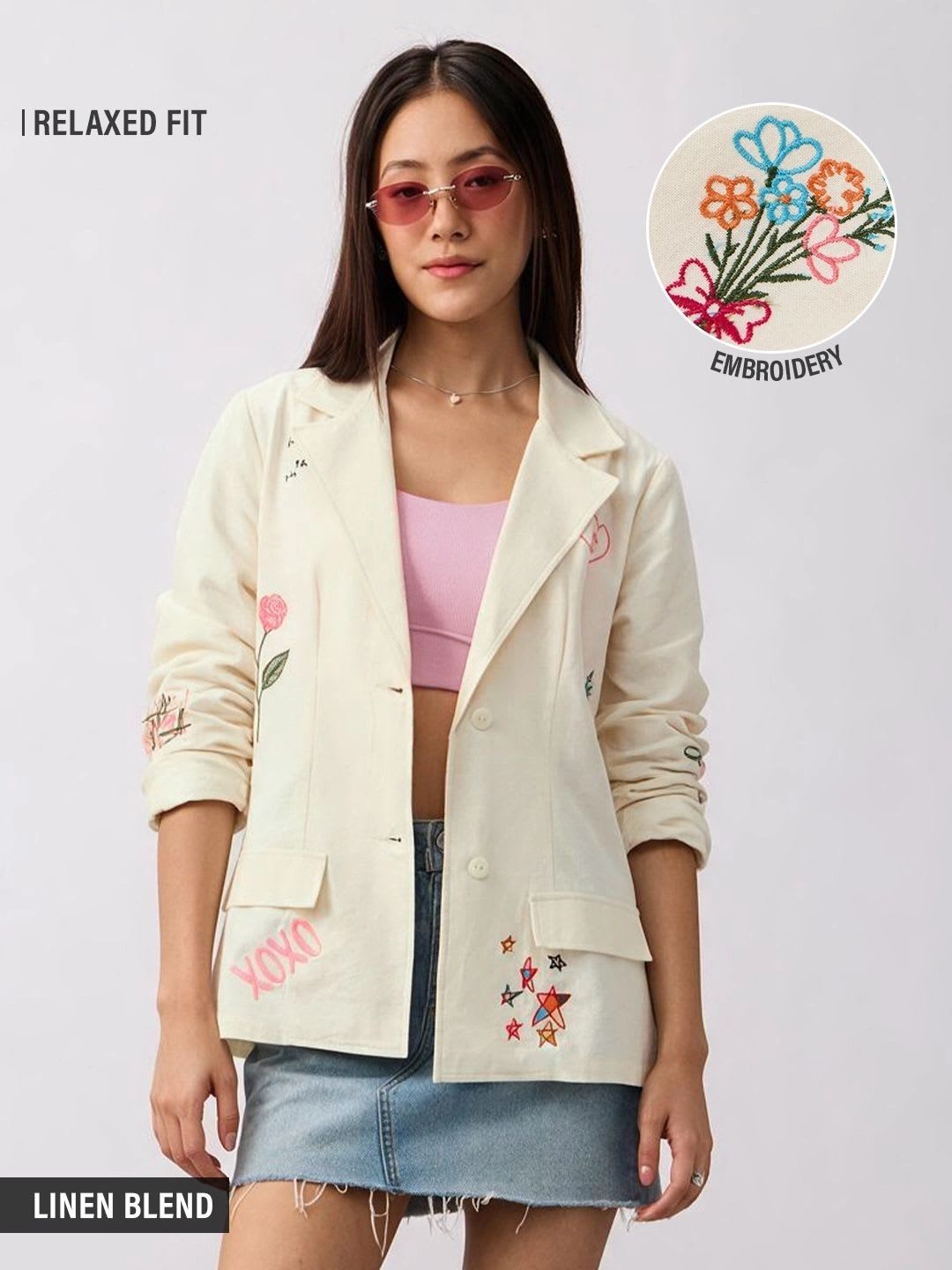 The Souled Store Embroidered Notched Lapel Single-Breasted Relaxed Fit Blazers - default view