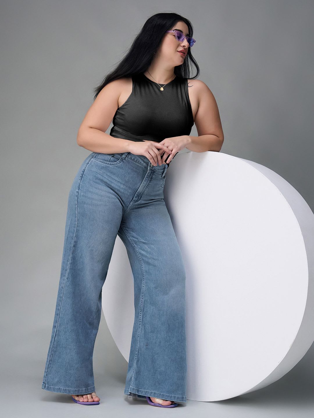 Miss Chase A+ Plus Size Women's Wide-Leg High Rise Clean Look Stretchable Denim Jeans - back view