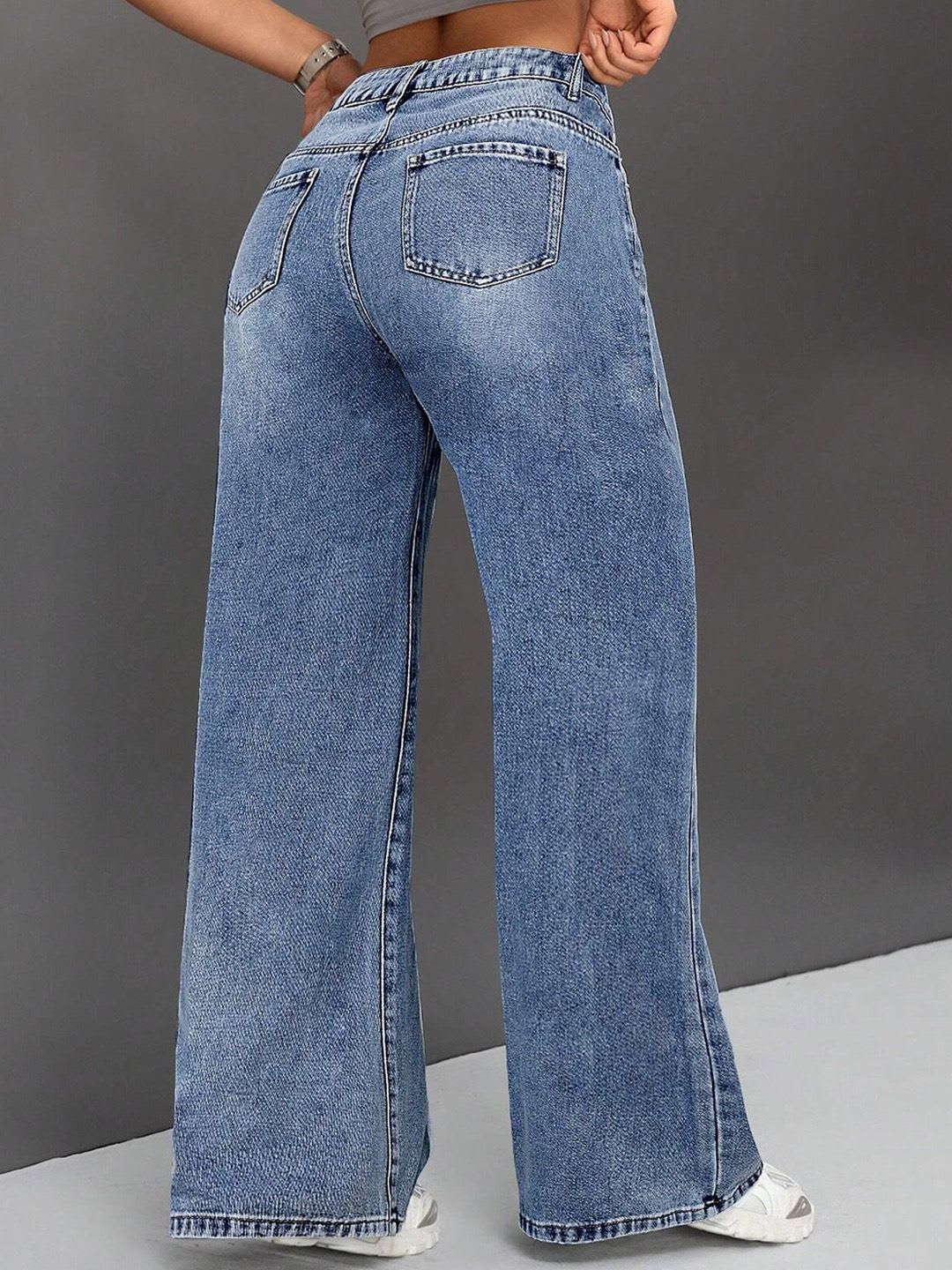 Aadvi Fashion Women Jean Wide Leg High-Rise Highly Distressed Heavy Fade Stretchable Jeans - back view
