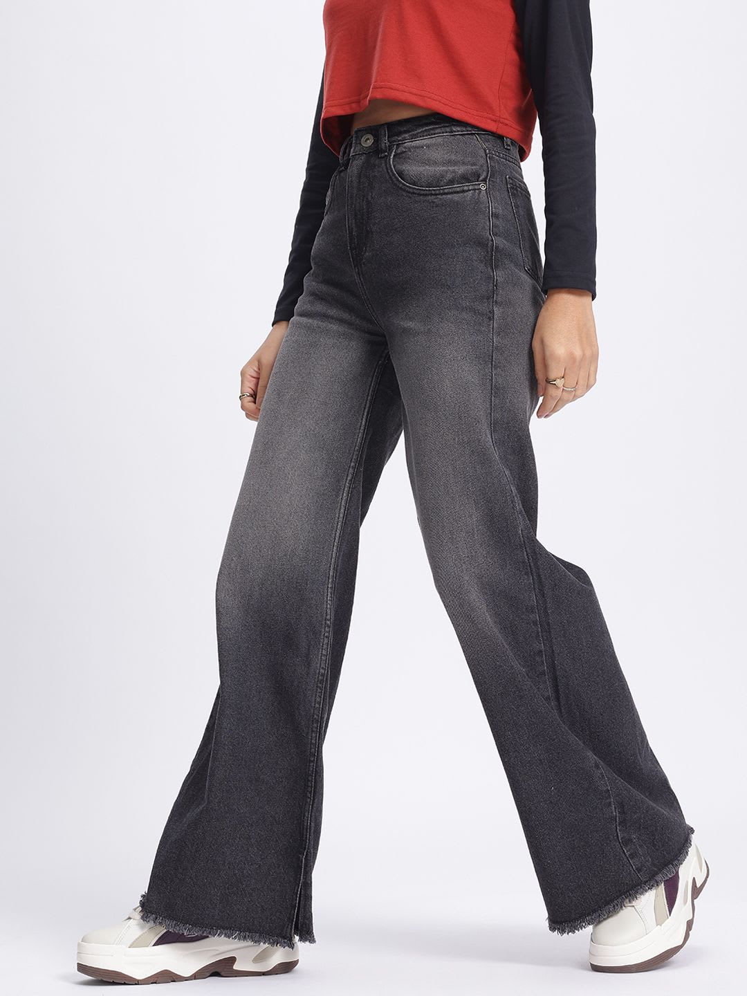 glitchez Women Baggy Fit Heavy Fade Pure Cotton Wide Leg Jeans - back view
