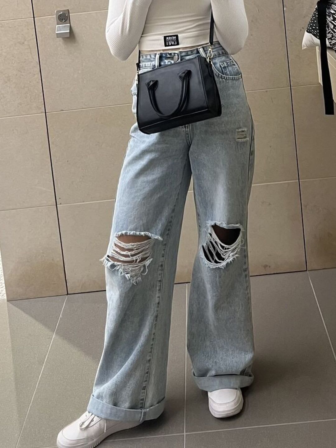 Aadvi Fashion baggy Women Smart Wide Leg High-Rise Highly Distressed Stretchable Jeans - default view