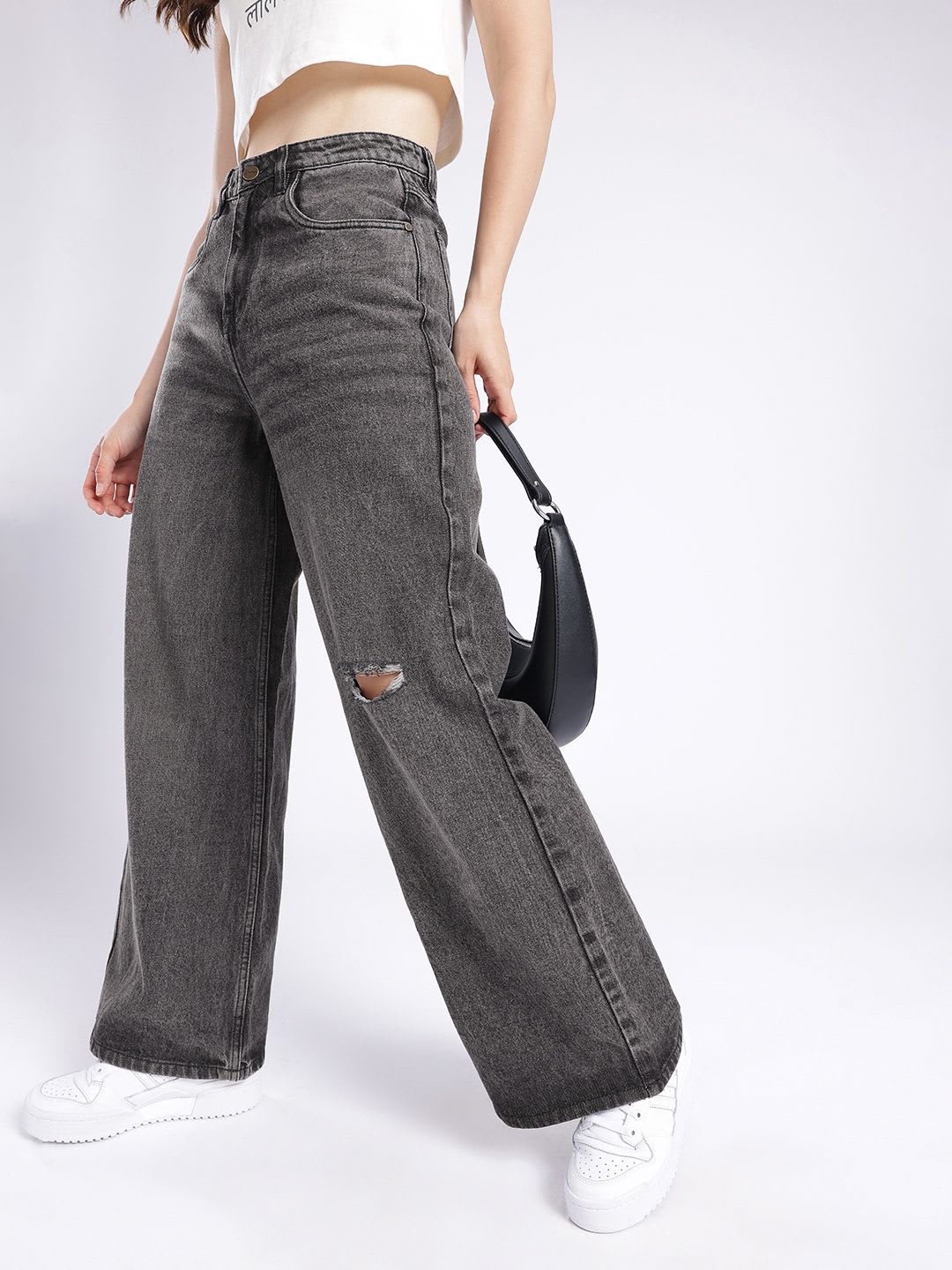 glitchez Women Distressed Wide Leg Light Fade Jeans - default view