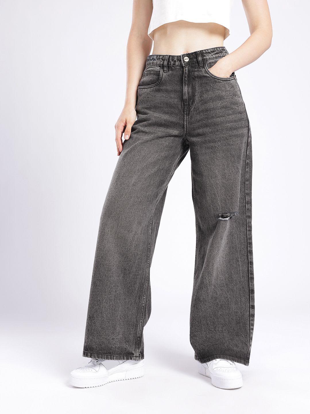 glitchez Women Distressed Wide Leg Light Fade Jeans - back view