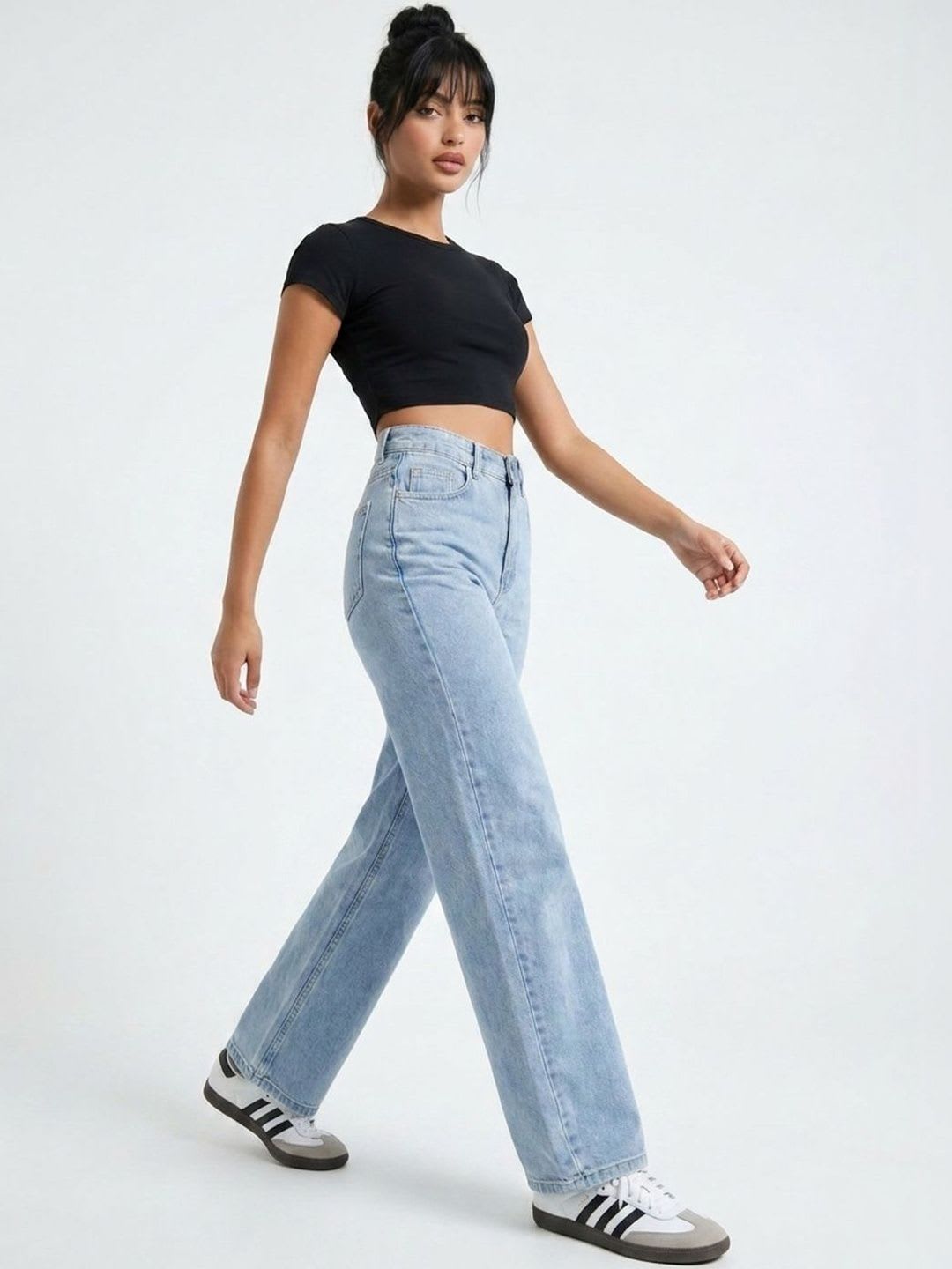 glitchez Women Comfort Wide Leg High-Rise Light Fade Acid Wash Stretchable Jeans - default view