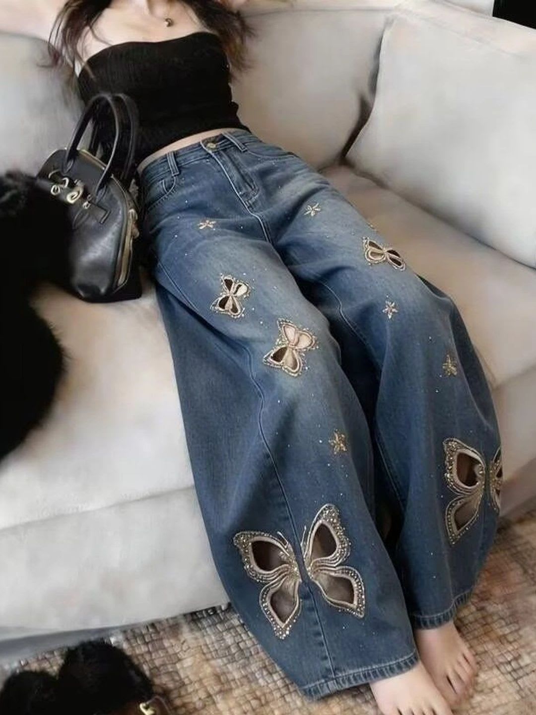 Suo Women Wide Leg High-Rise Light Fade Embellished Jeans - default view