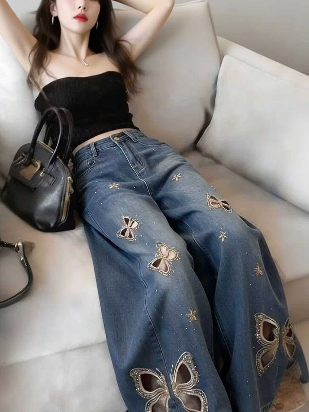 Suo Women Wide Leg High-Rise Light Fade Embellished Jeans - back view