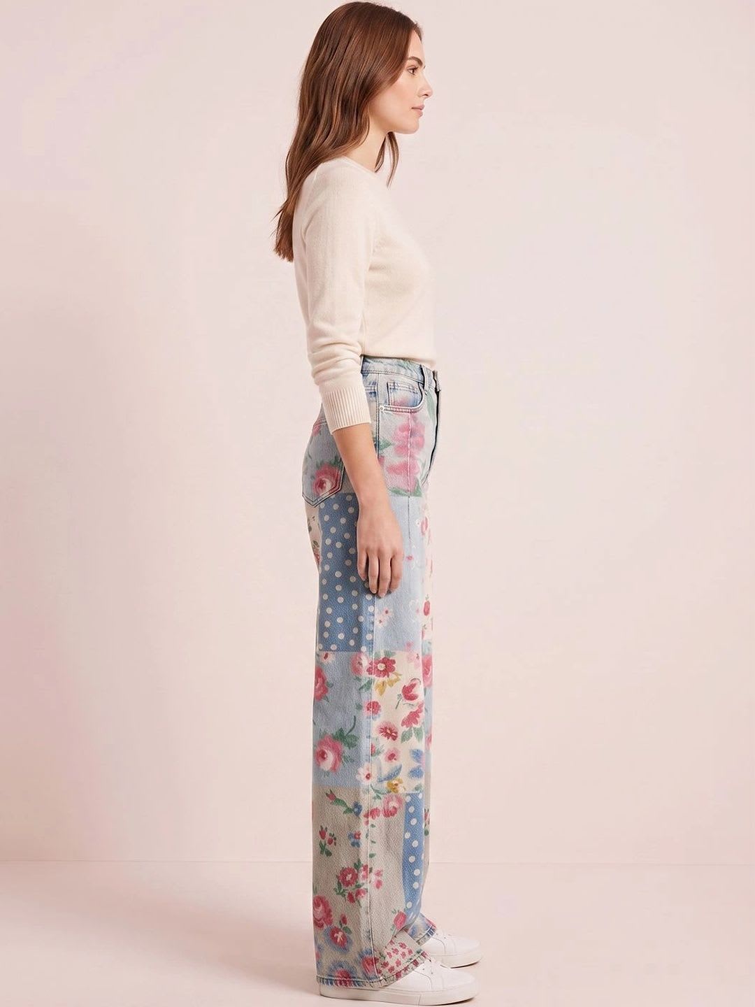 ATELIER REBEL Women Wide Leg Mid-Rise Light Fade Printed Jeans - back view