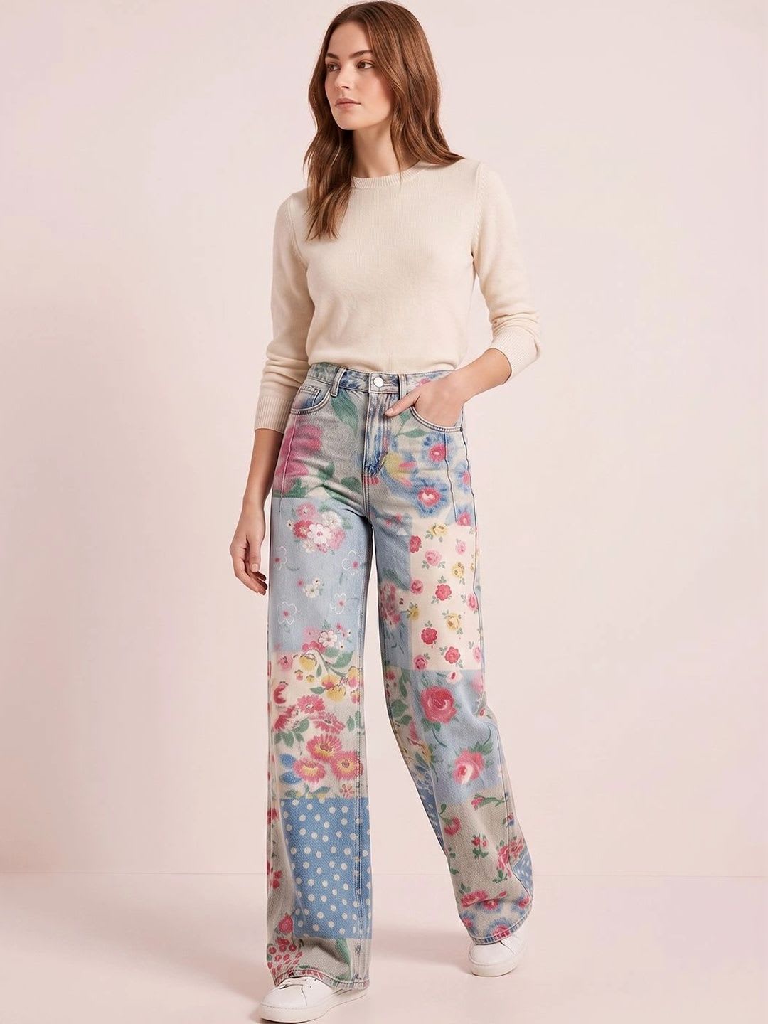 ATELIER REBEL Women Wide Leg Mid-Rise Light Fade Printed Jeans - right view