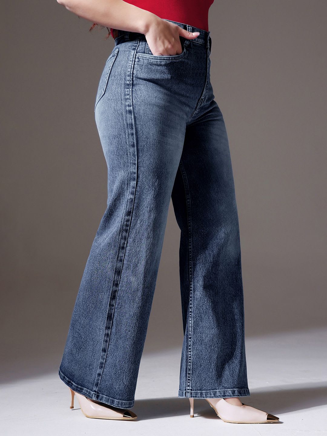 Miss Chase A+ Plus Size Women Light Blue Wide-Leg High-Rise Clean-Look Stretchable Denim Jeans - default view