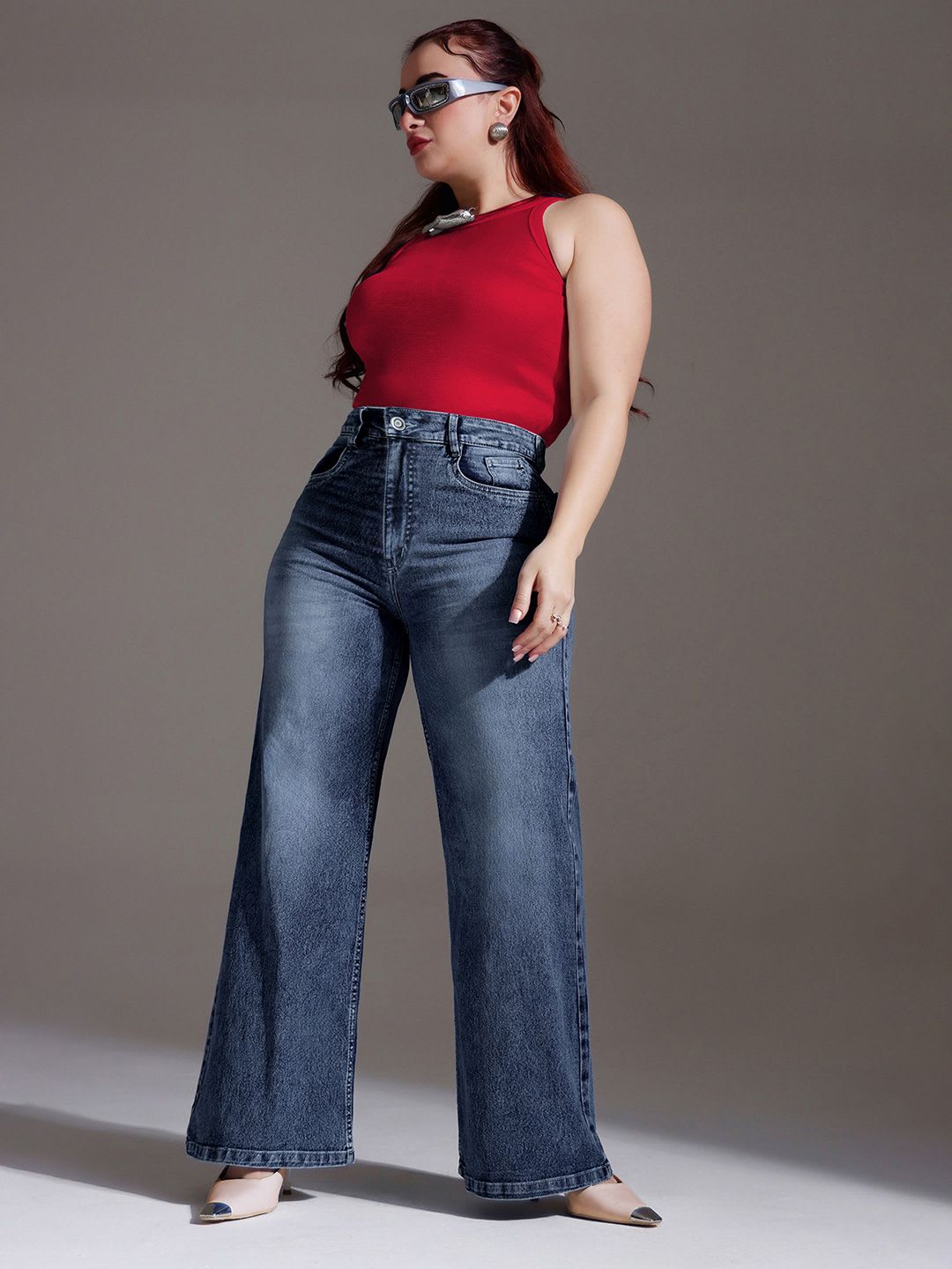 Miss Chase A+ Plus Size Women Light Blue Wide-Leg High-Rise Clean-Look Stretchable Denim Jeans - right view
